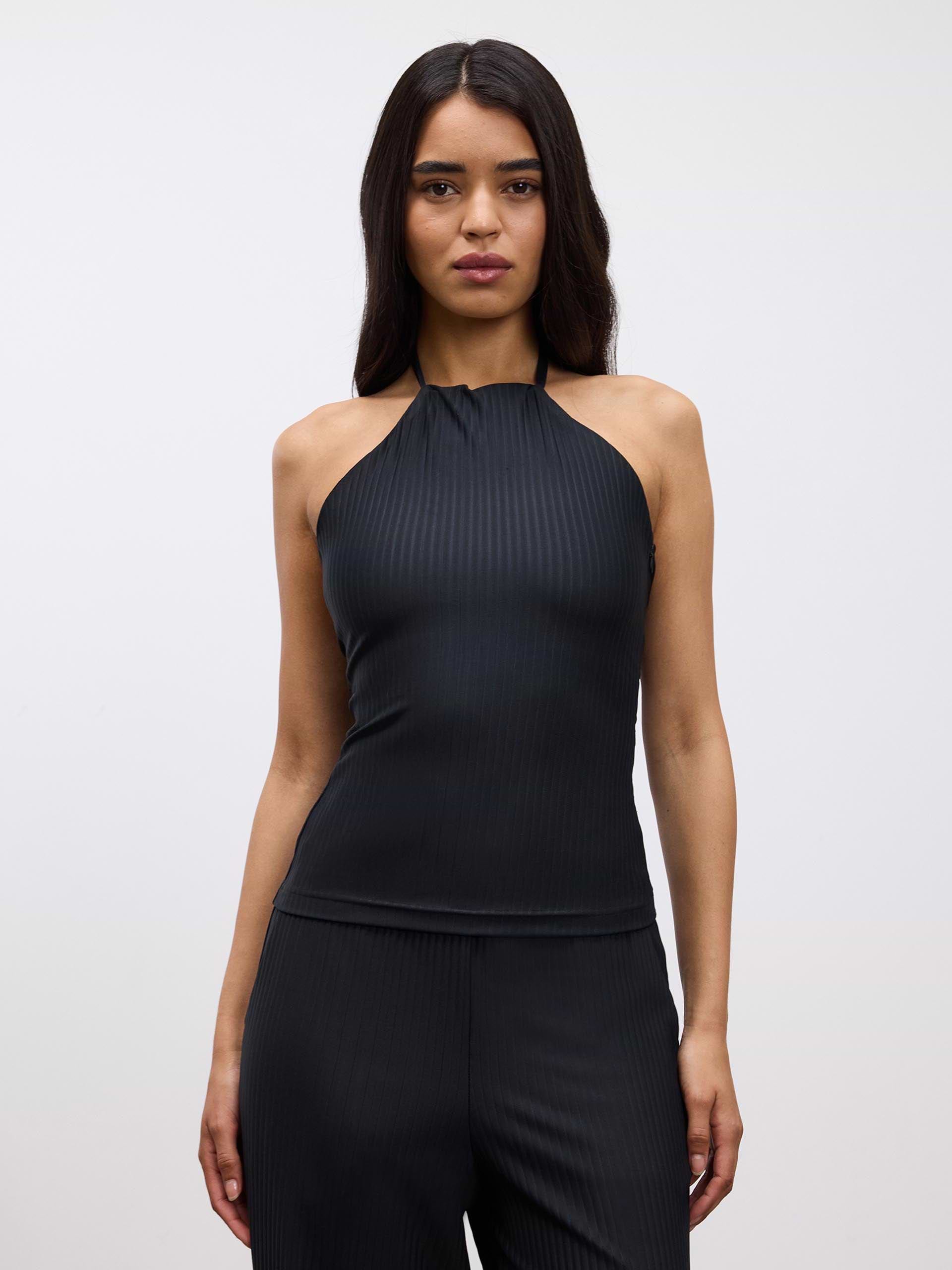 Womens Pleated Halter Top in Black