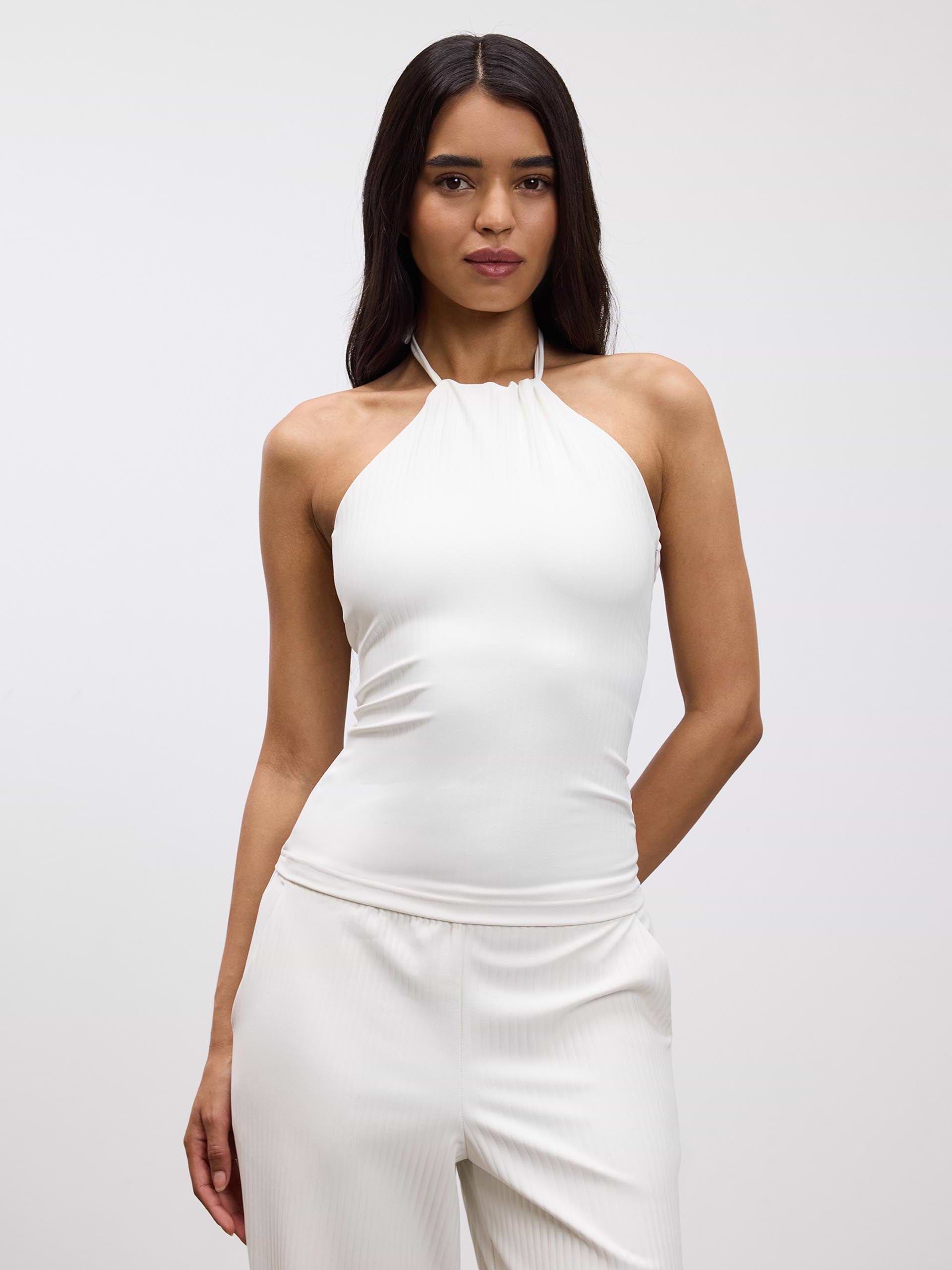 Womens Pleated Halter Top in Ecru