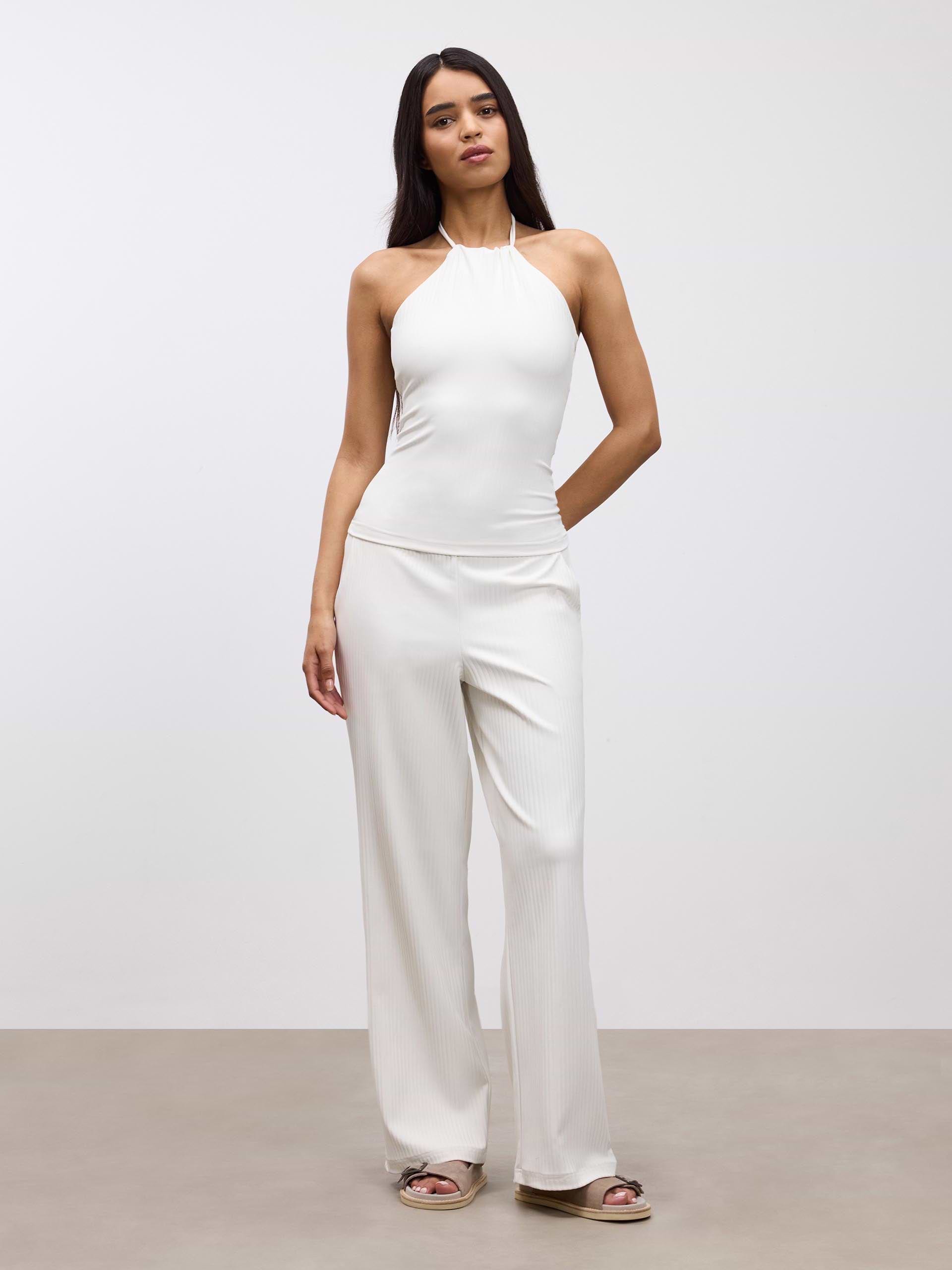 Womens Pleated Halter Top in Ecru