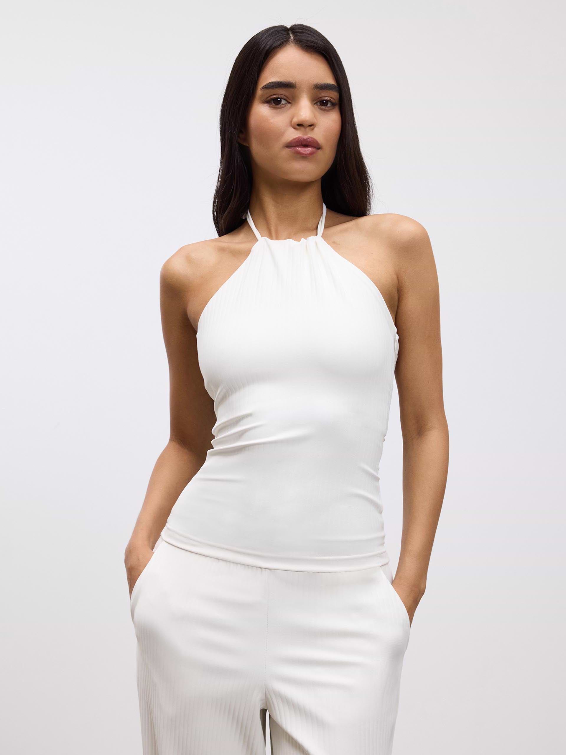 Womens Pleated Halter Top in Ecru