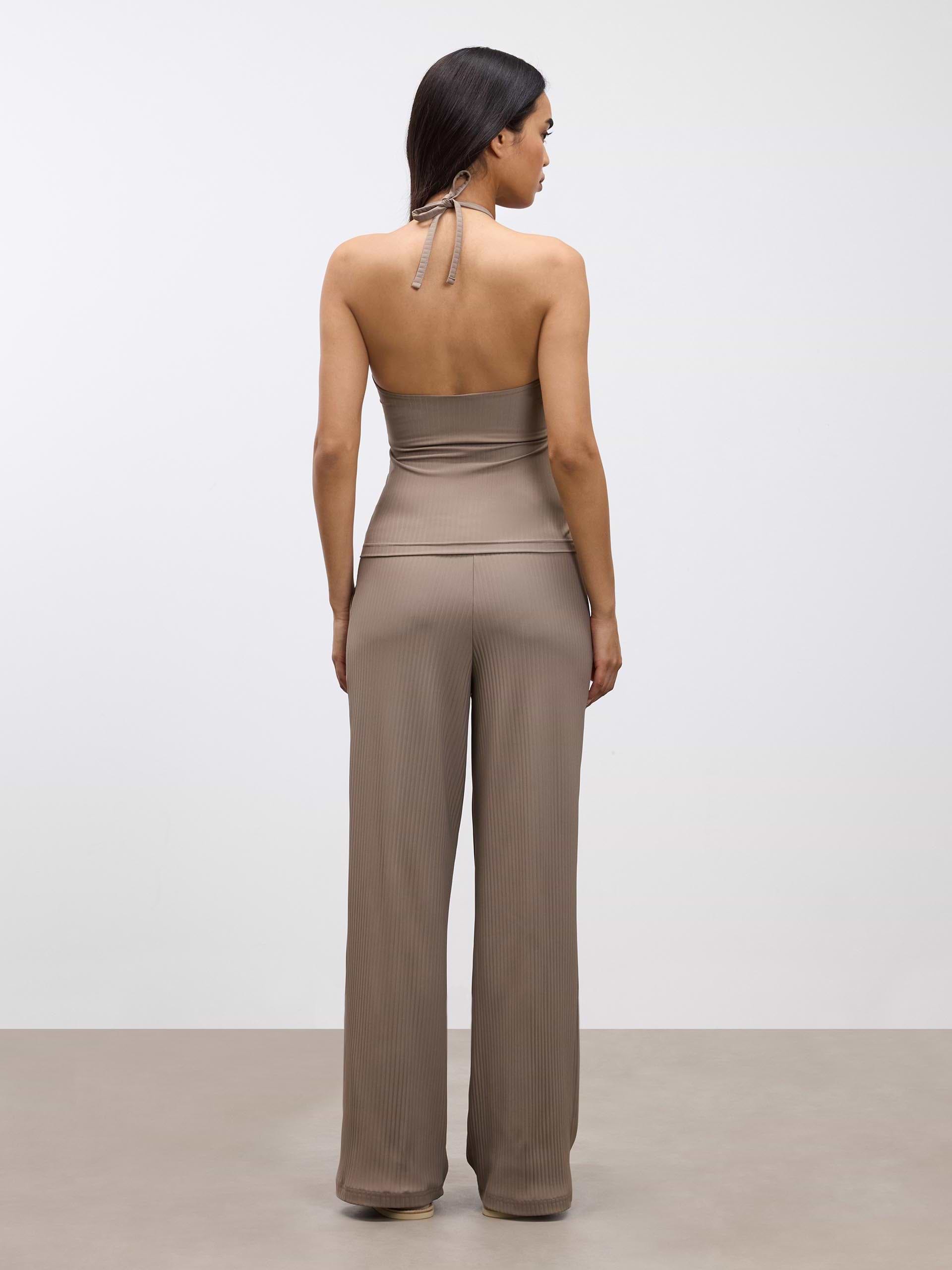 Womens Pleated Halter Top in Taupe