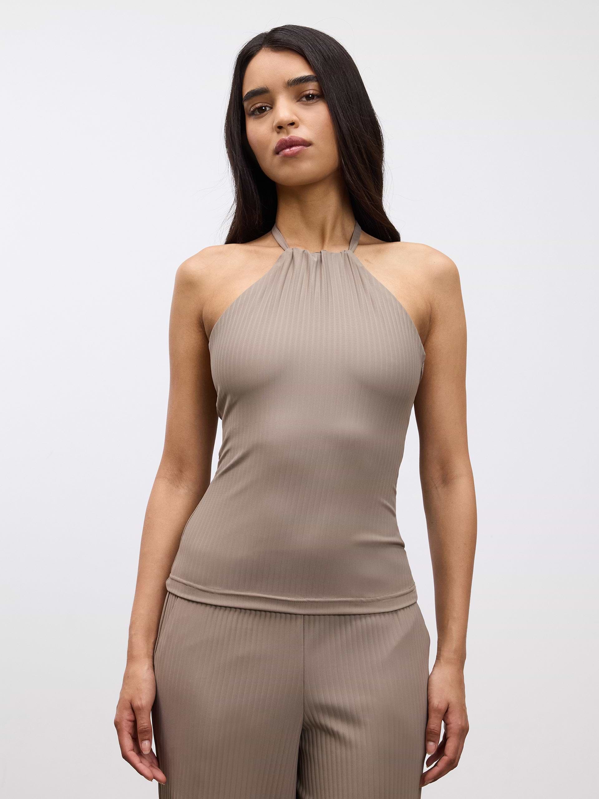 Womens Pleated Halter Top in Taupe