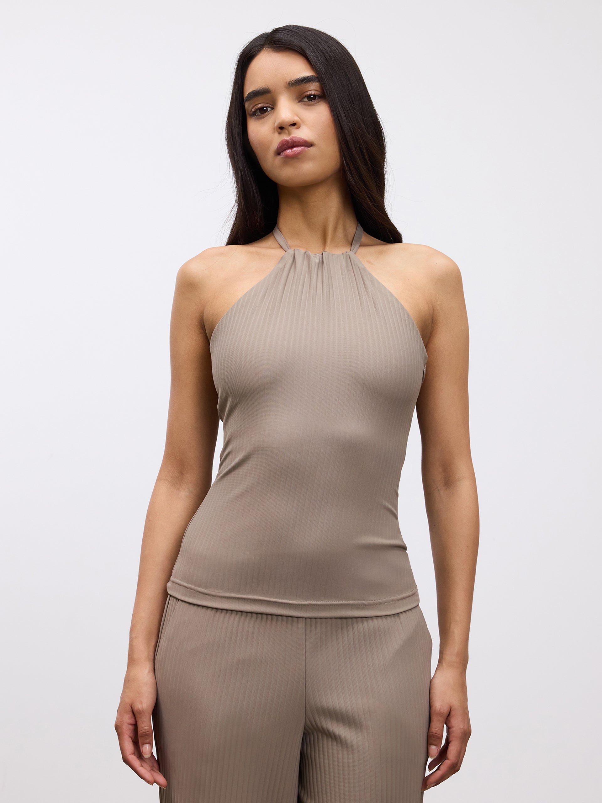 Womens Pleated Halter Top in Taupe