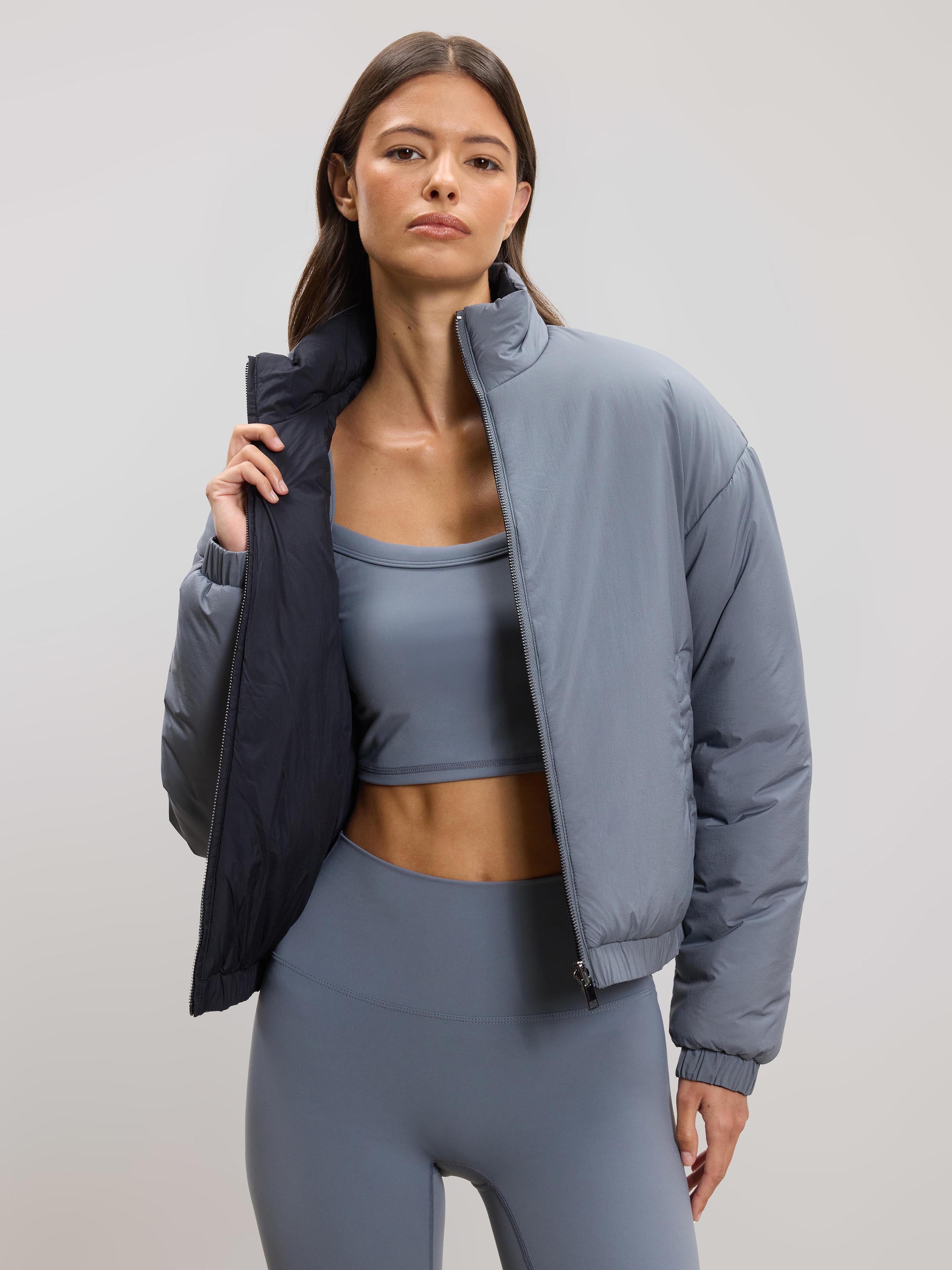 Womens Relaxed Reversible Funnel Neck Jacket in Dove Blue And Navy