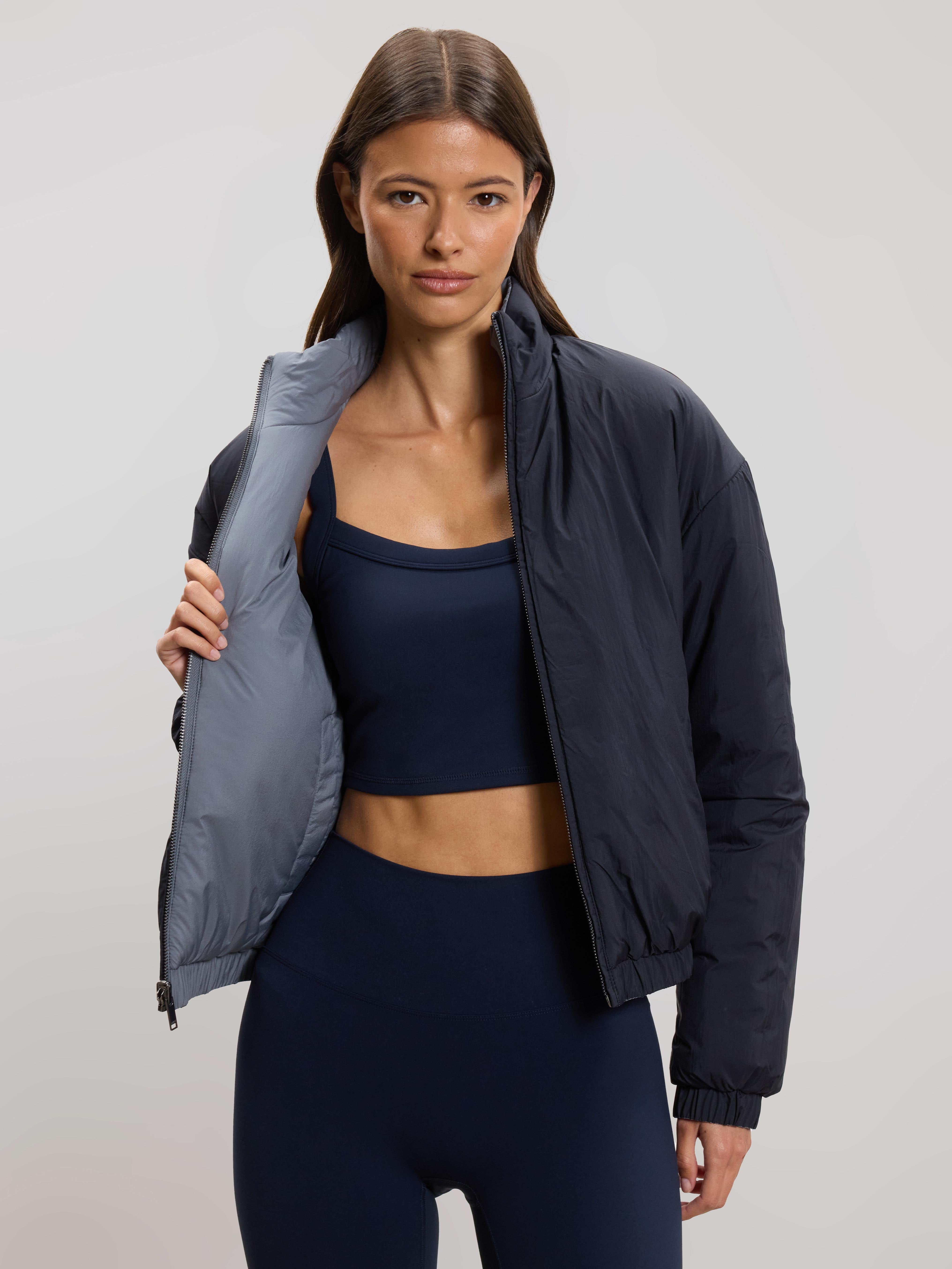 Womens Relaxed Reversible Funnel Neck Jacket in Dove Blue And Navy