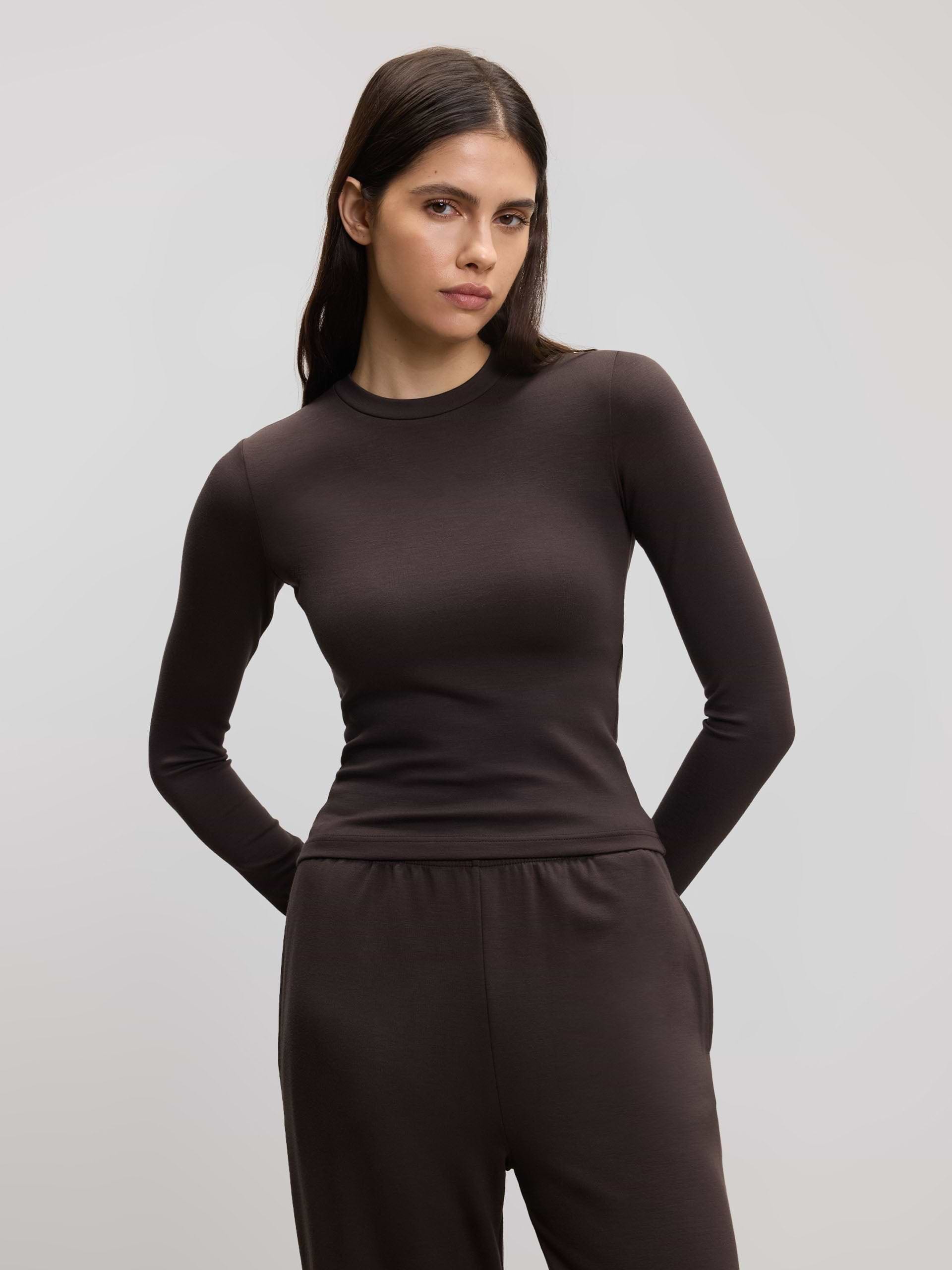 Womens Soft Interlock Long Sleeve Top in Brown