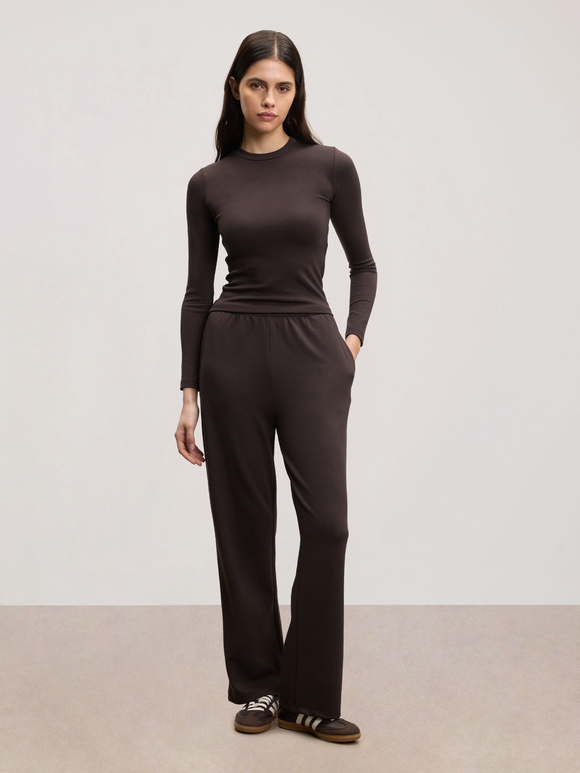 Womens Soft Interlock Long Sleeve Top in Brown