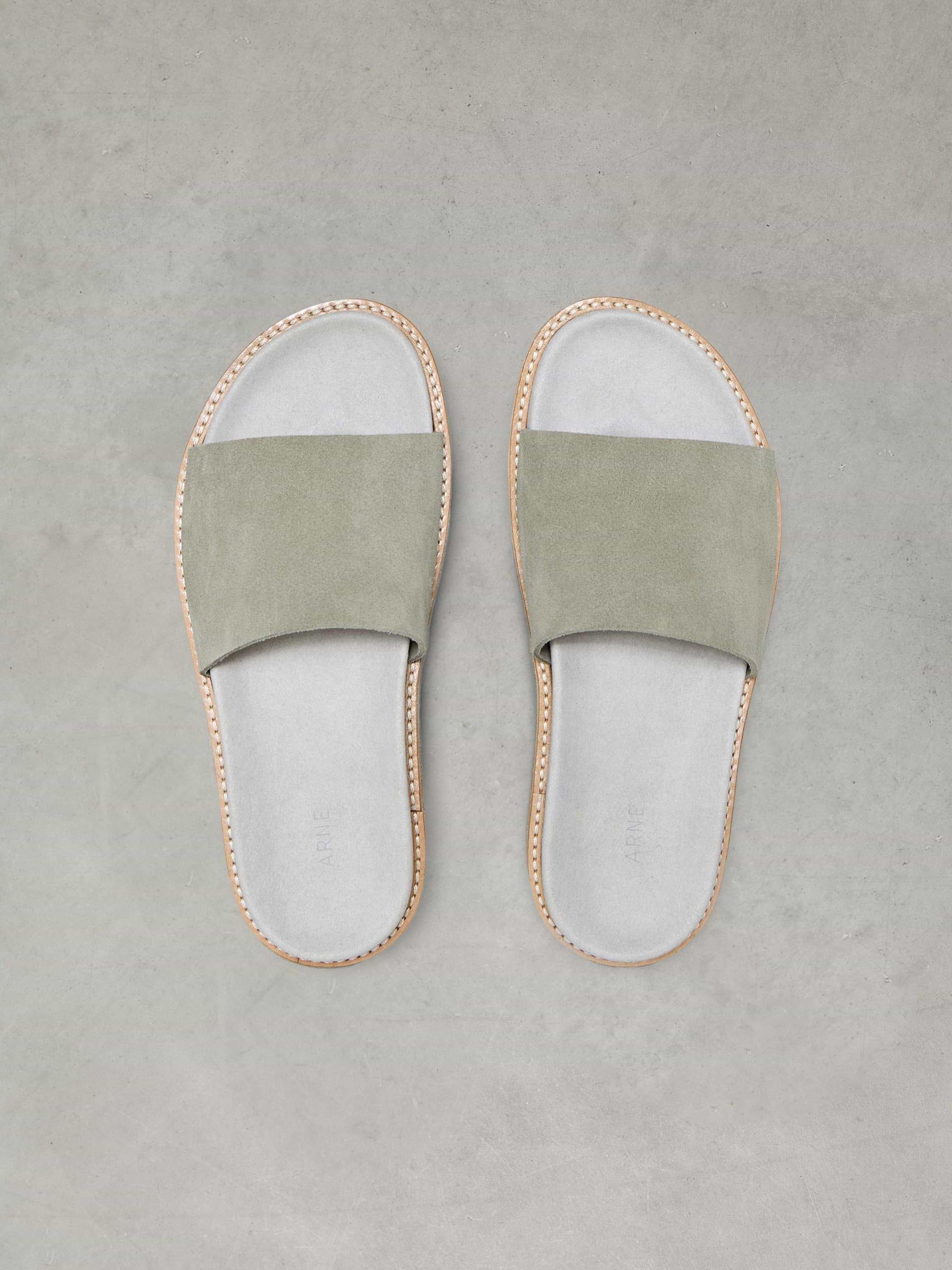 Womens Suede Slides in Olive