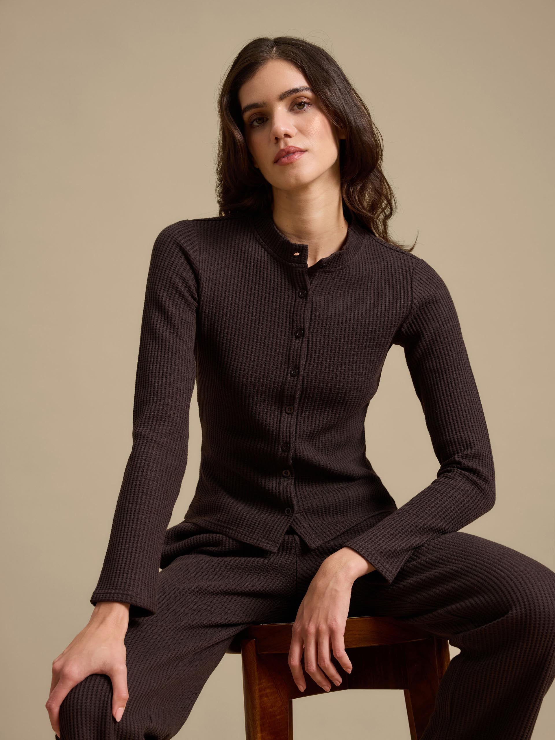 Womens Waffle Button Through Cardigan in Brown
