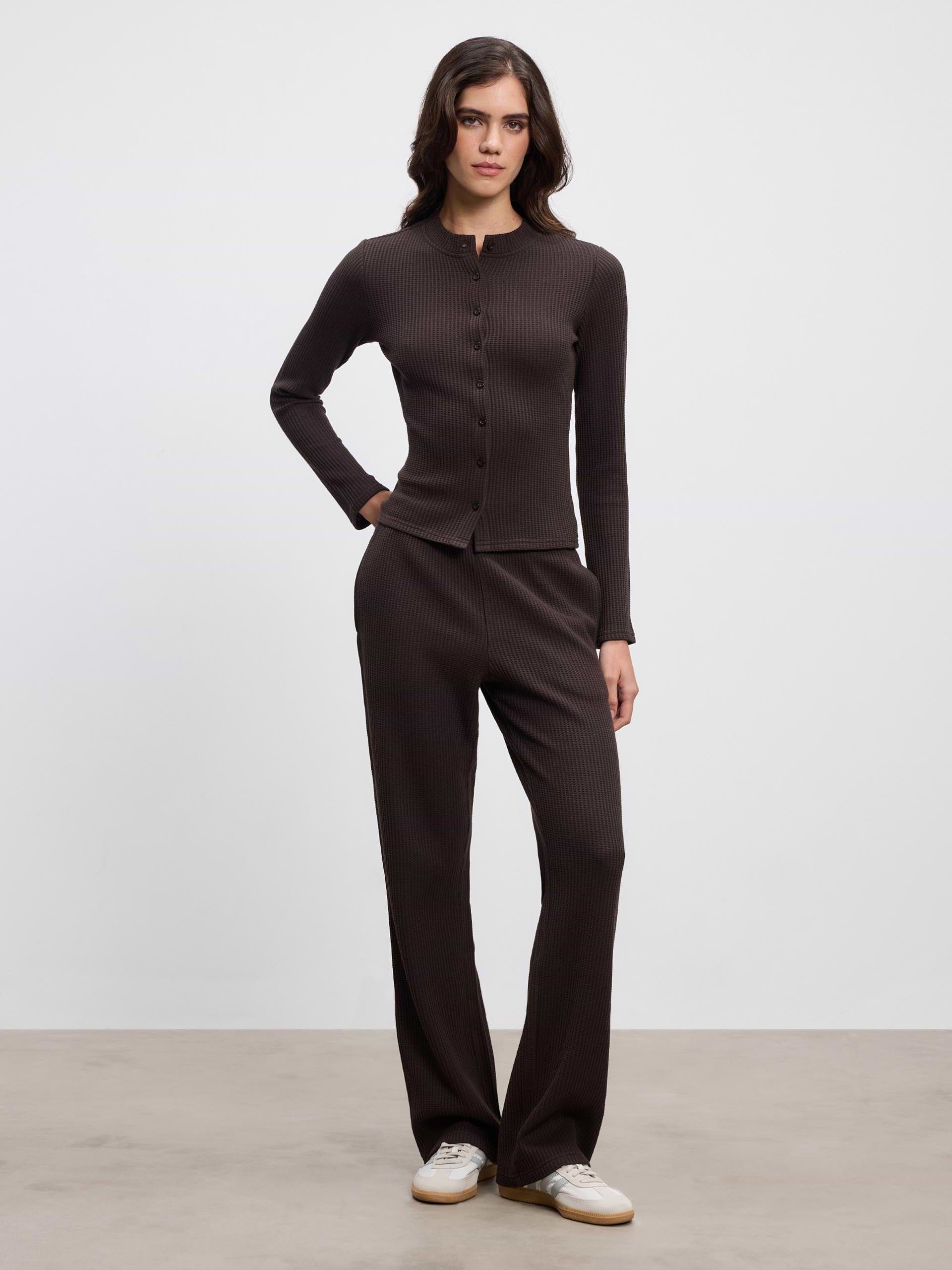 Womens Waffle Button Through Cardigan in Brown