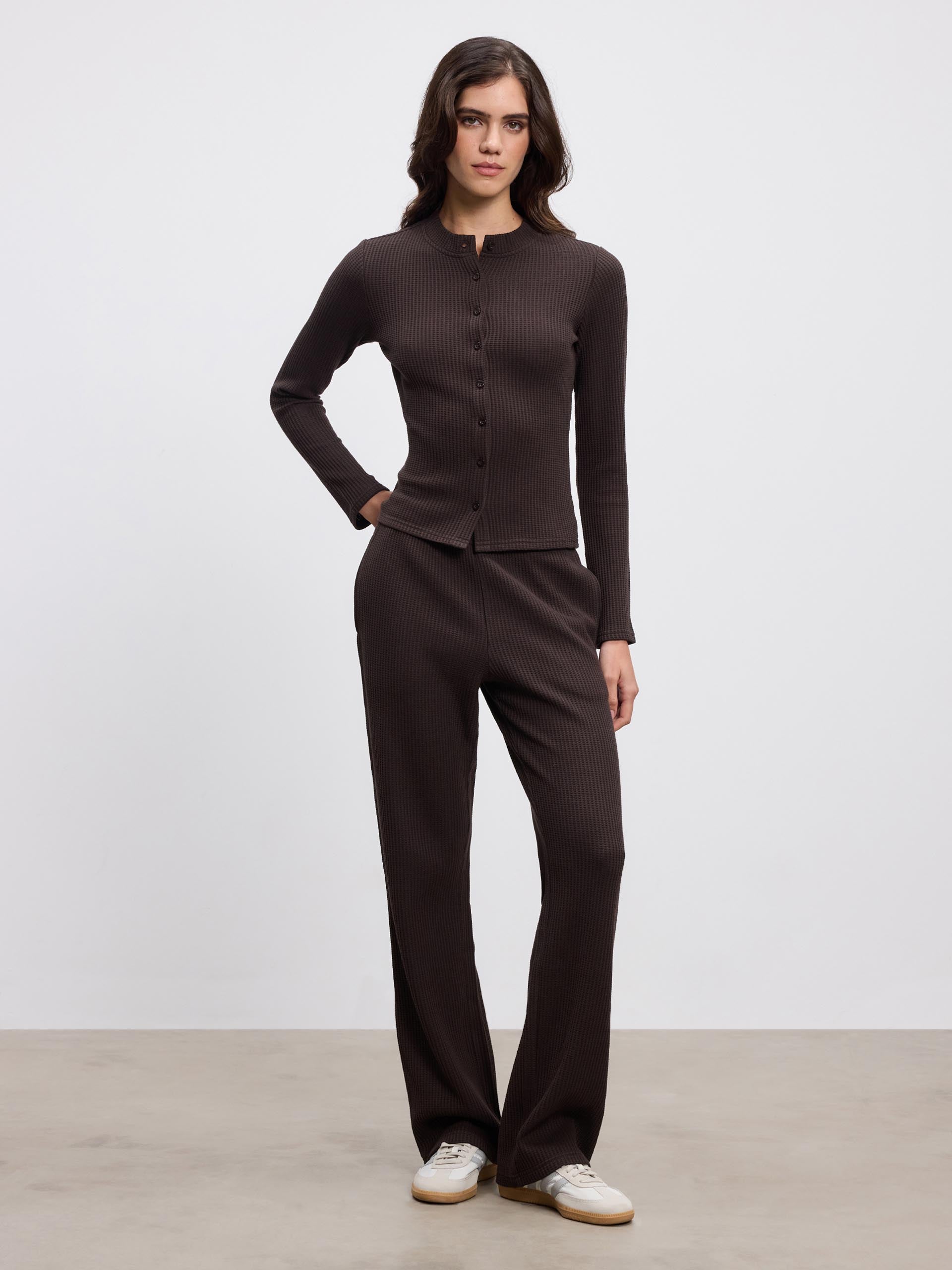 Womens Waffle Button Through Cardigan in Brown