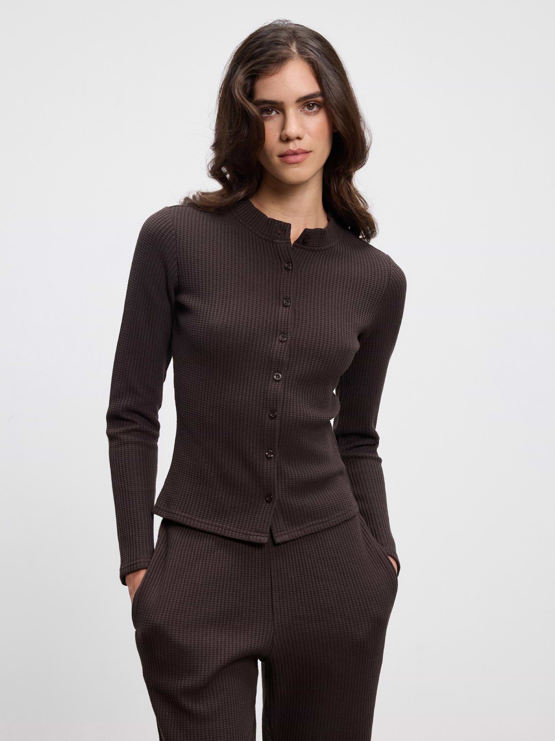 Womens Waffle Button Through Cardigan in Brown