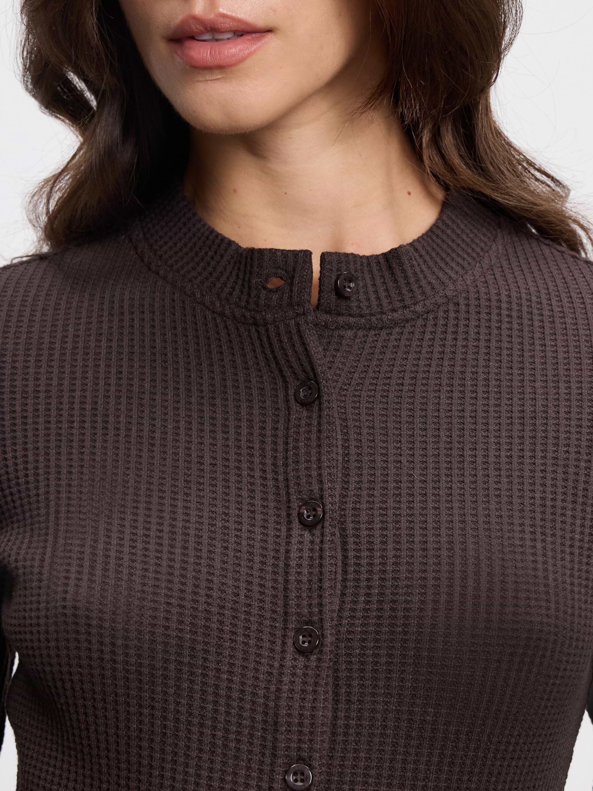 Womens Waffle Button Through Cardigan in Brown