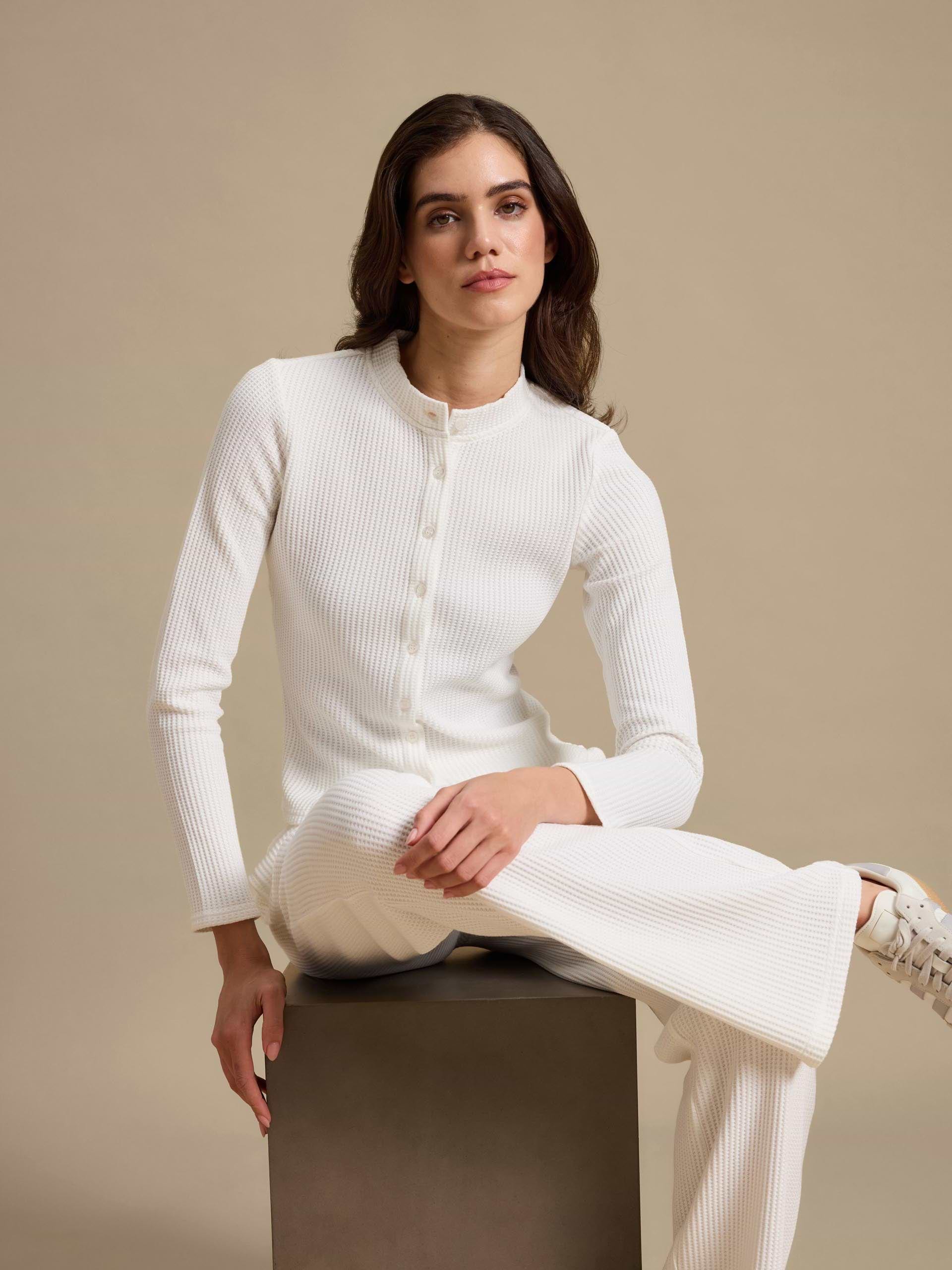 Womens Waffle Button Through Cardigan in Ecru