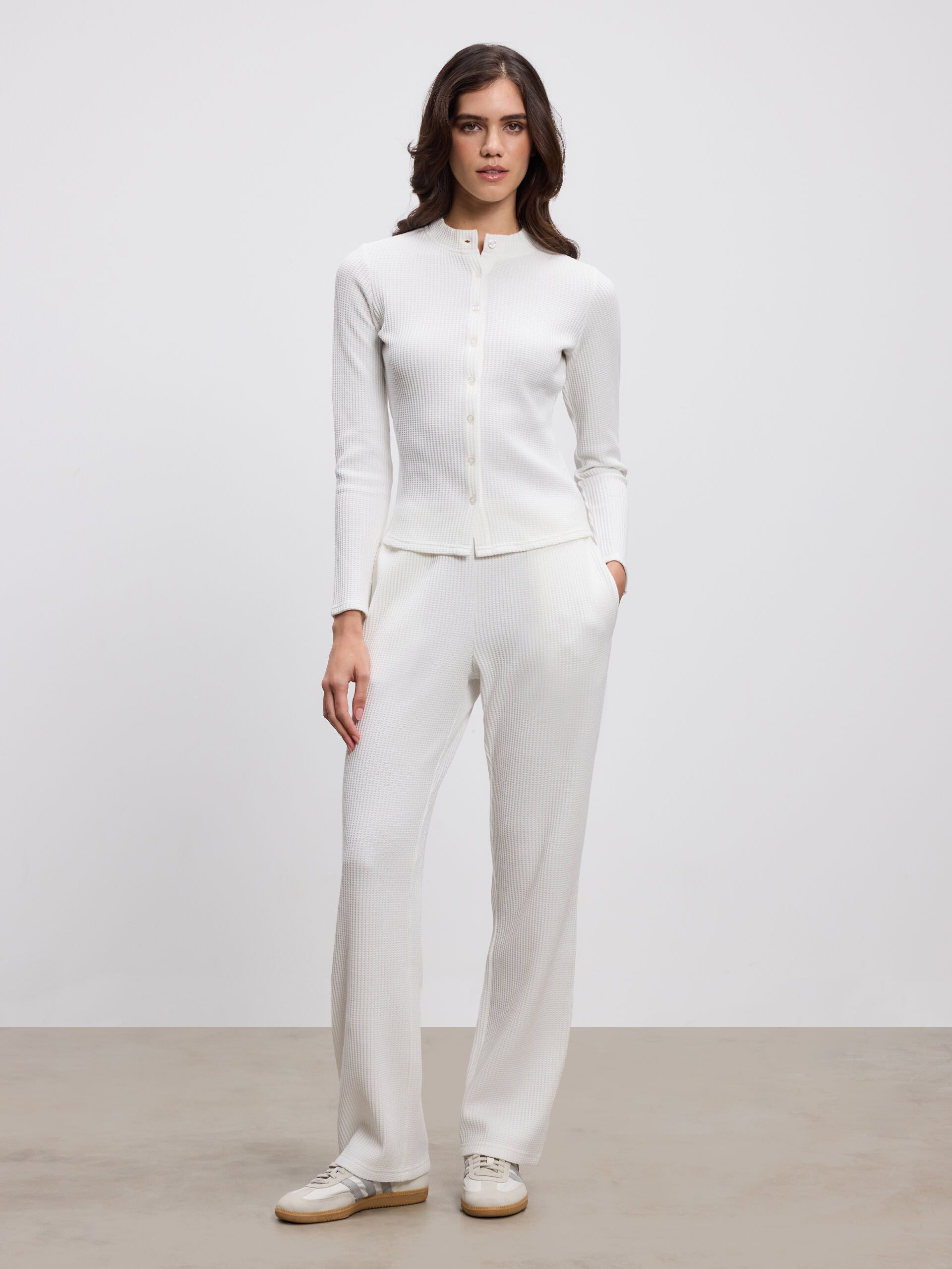 Womens Waffle Button Through Cardigan in Ecru