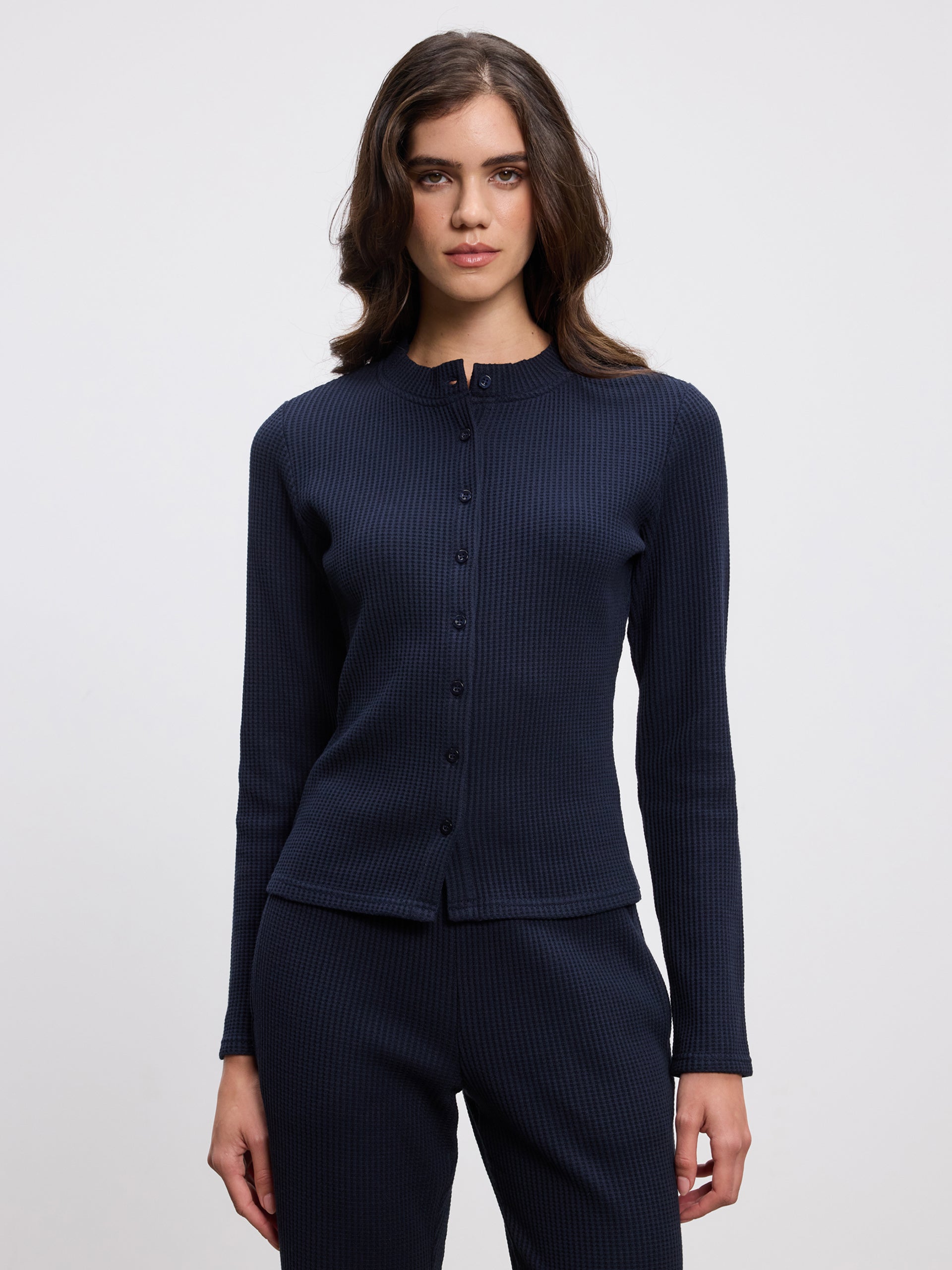 Womens Waffle Button Through Cardigan in Navy