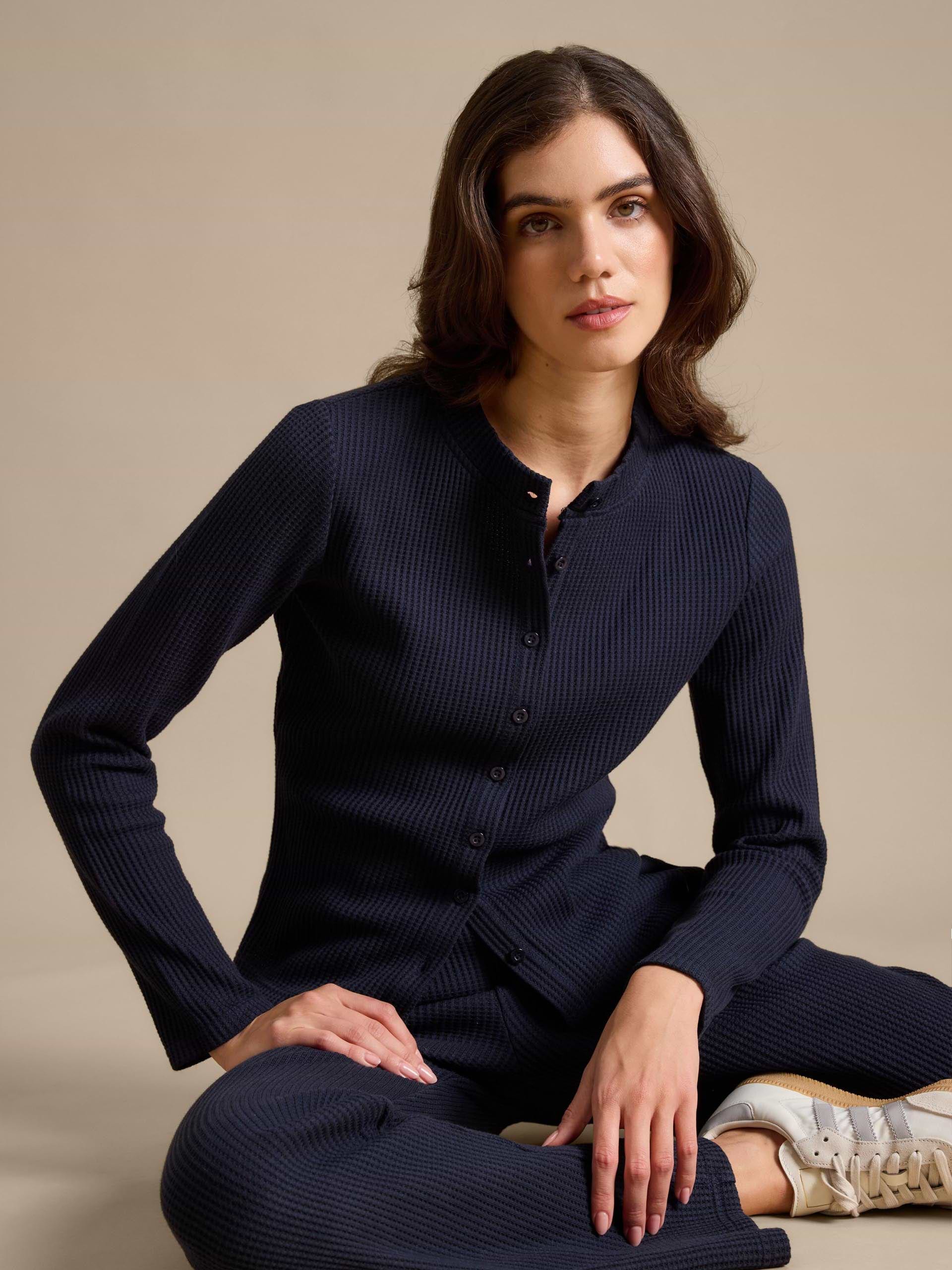 Womens Waffle Button Through Cardigan in Navy