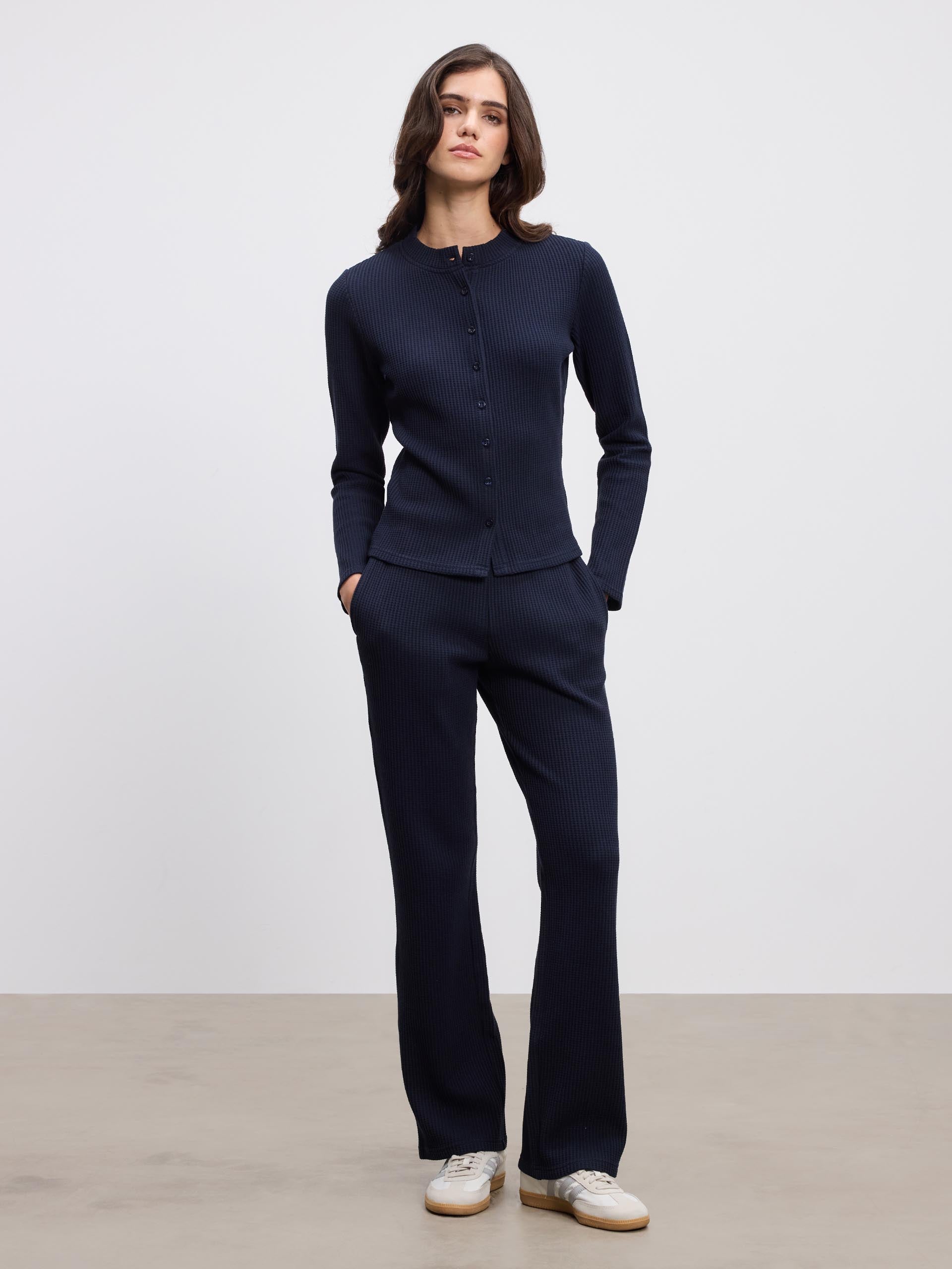 Womens Waffle Button Through Cardigan in Navy