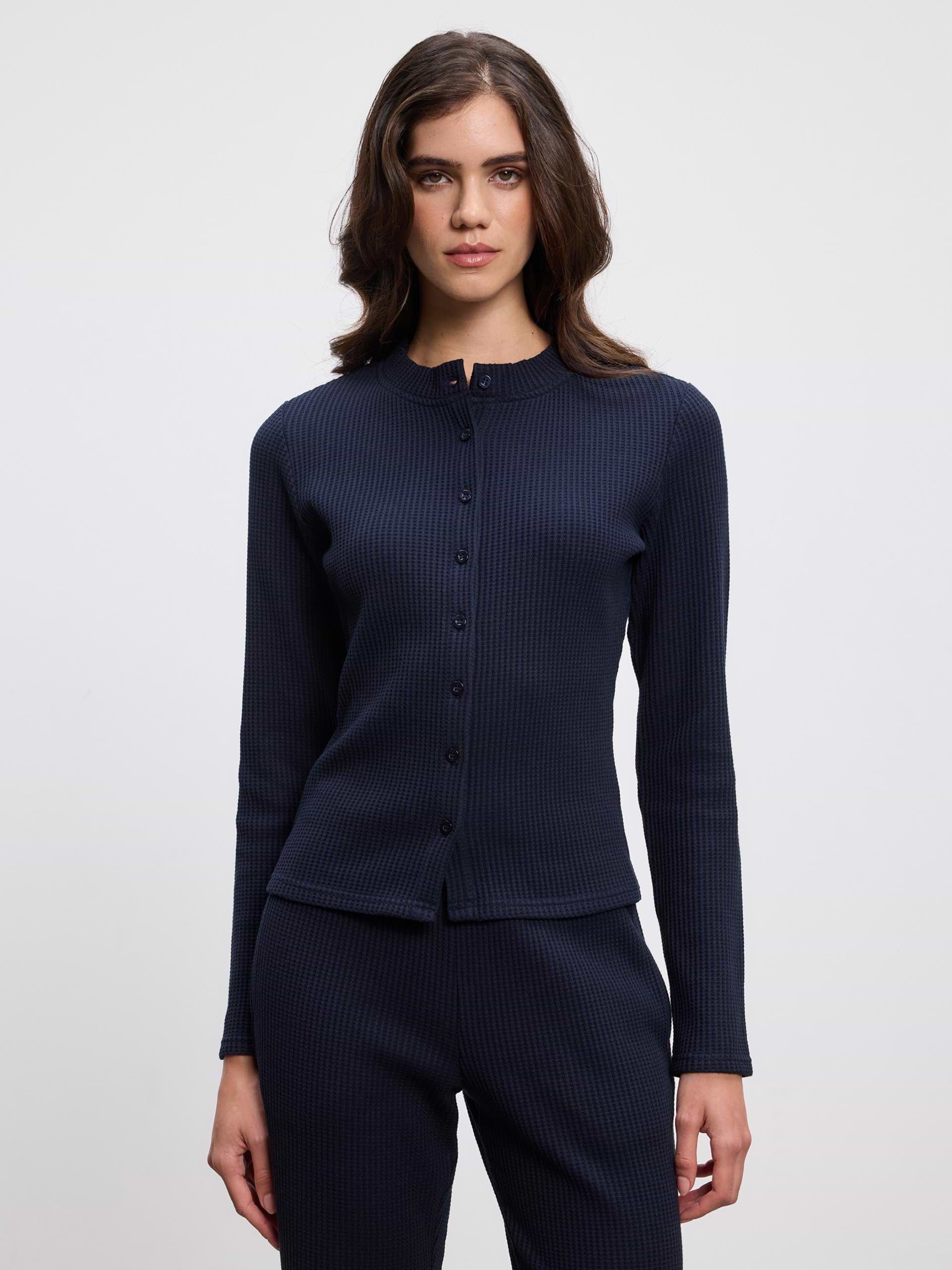 Womens Waffle Button Through Cardigan in Navy