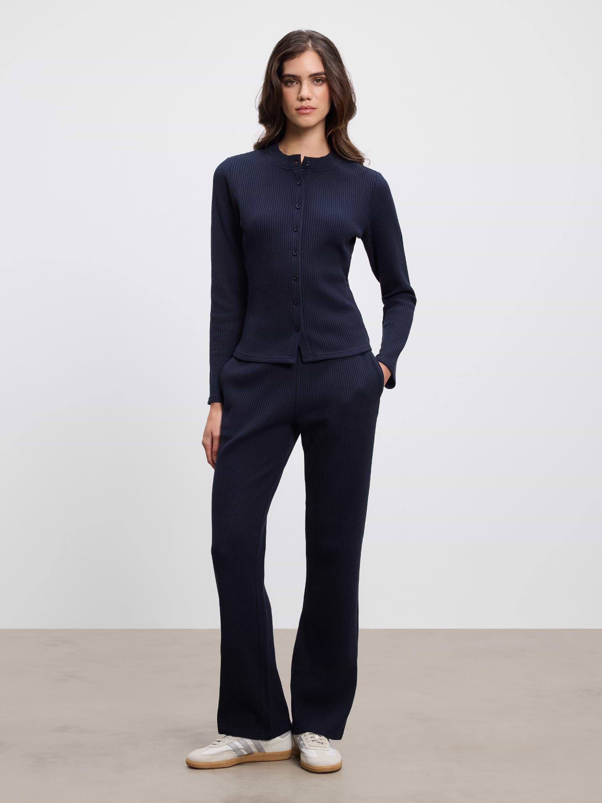 Womens Waffle Button Through Cardigan in Navy