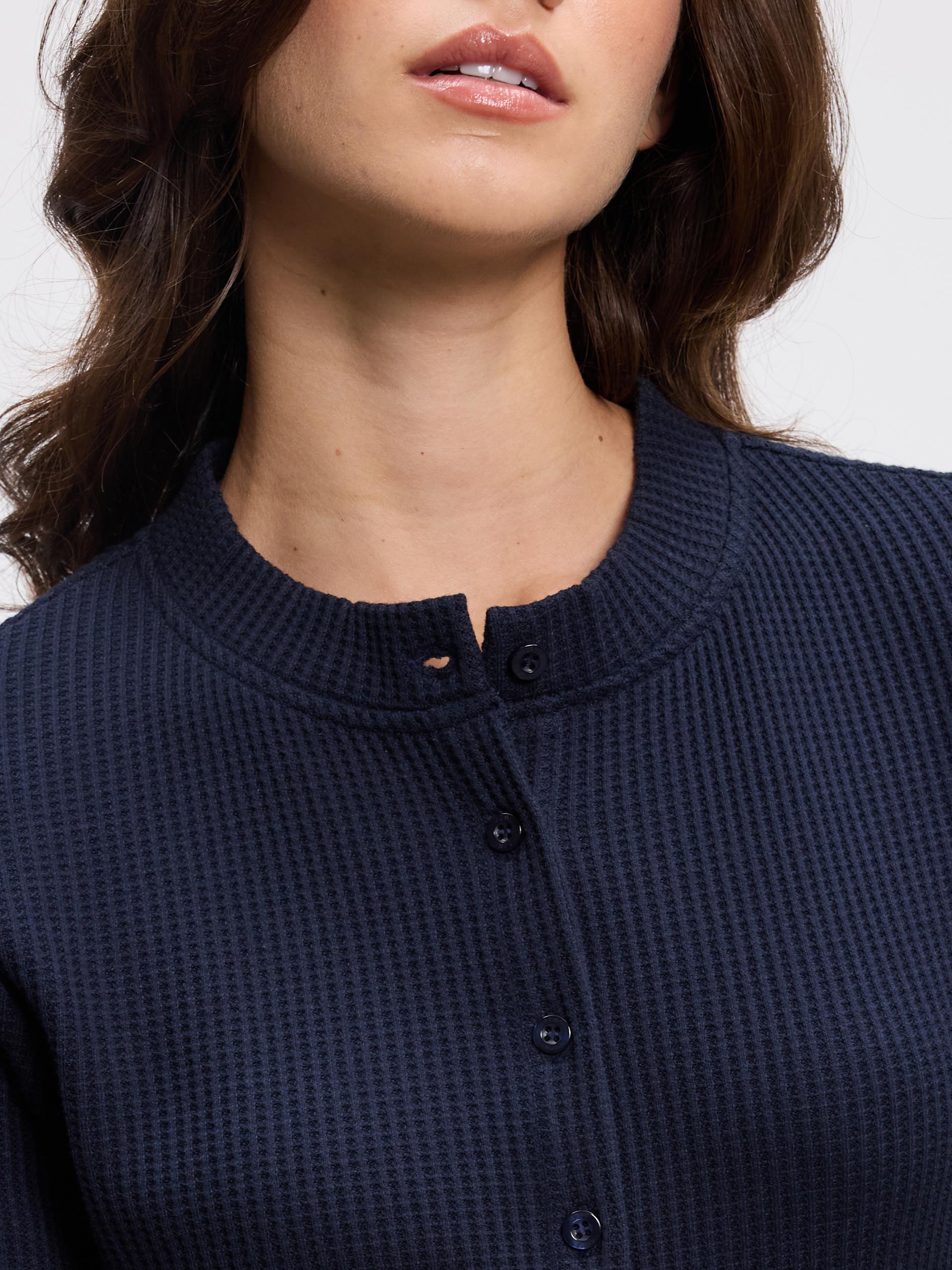 Womens Waffle Button Through Cardigan in Navy