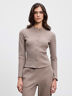Womens Waffle Button Through Cardigan in Taupe