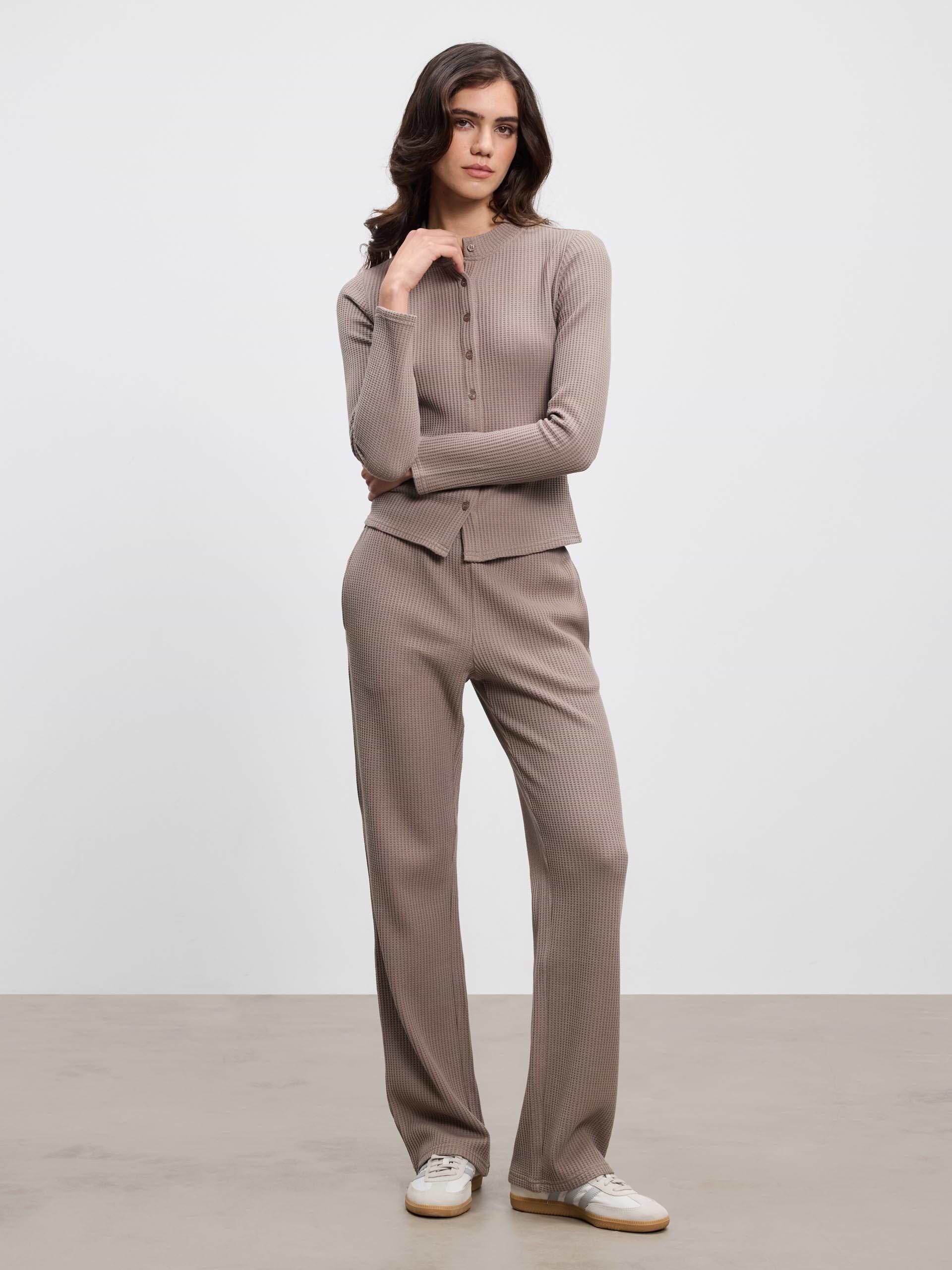 Womens Waffle Button Through Cardigan in Taupe