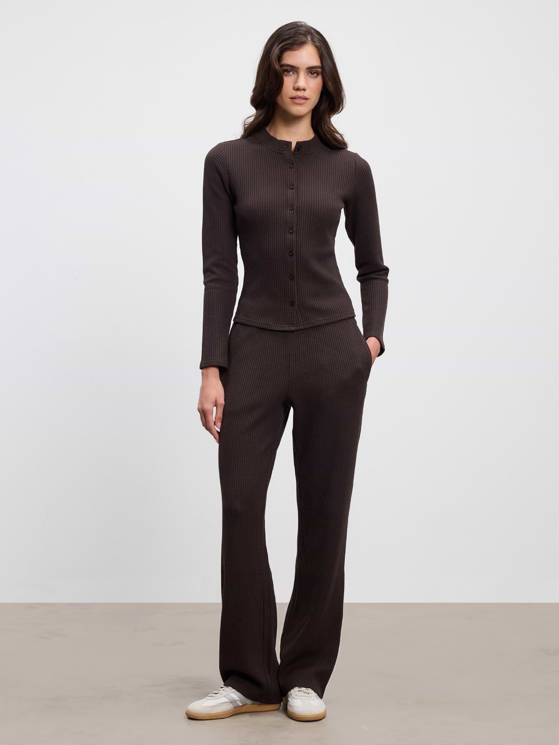 Womens Waffle Straight Leg Trouser in Brown