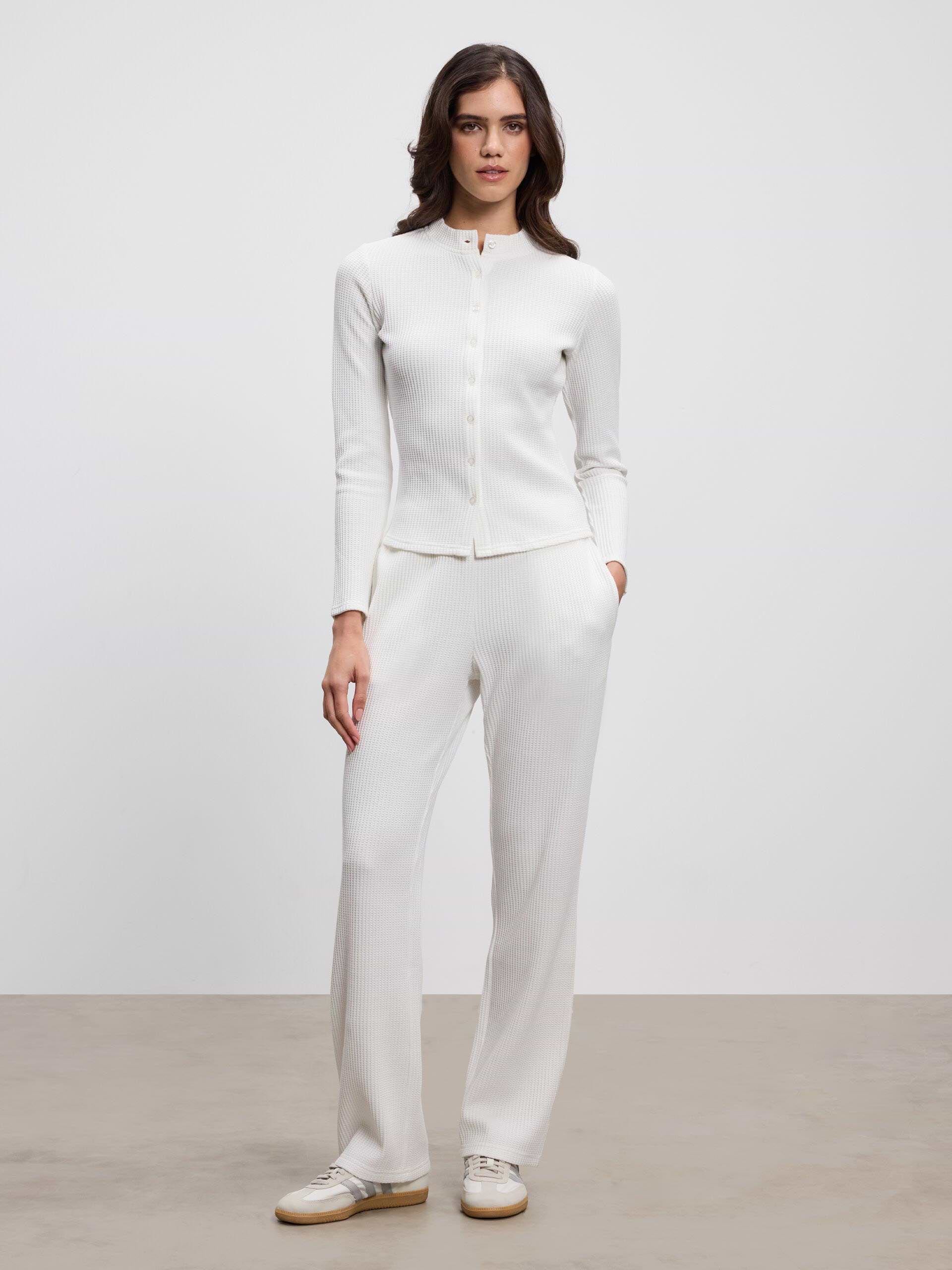 Womens Waffle Straight Leg Trouser in Ecru