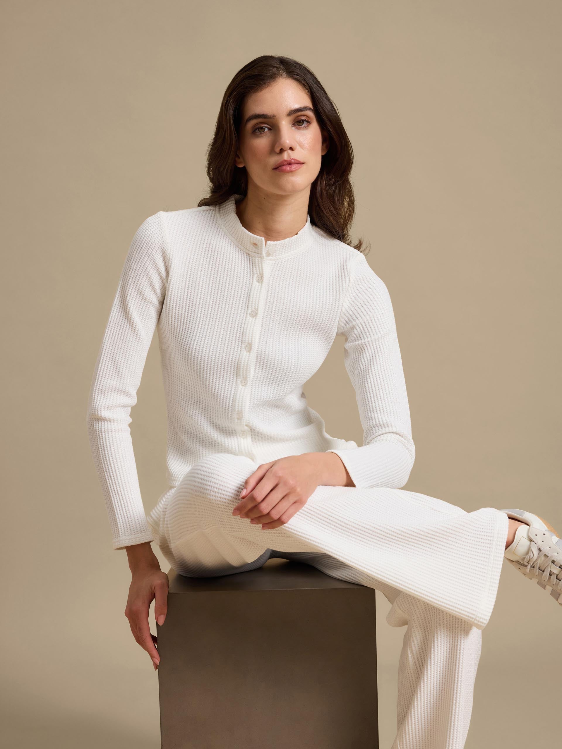 Womens Waffle Straight Leg Trouser in Ecru