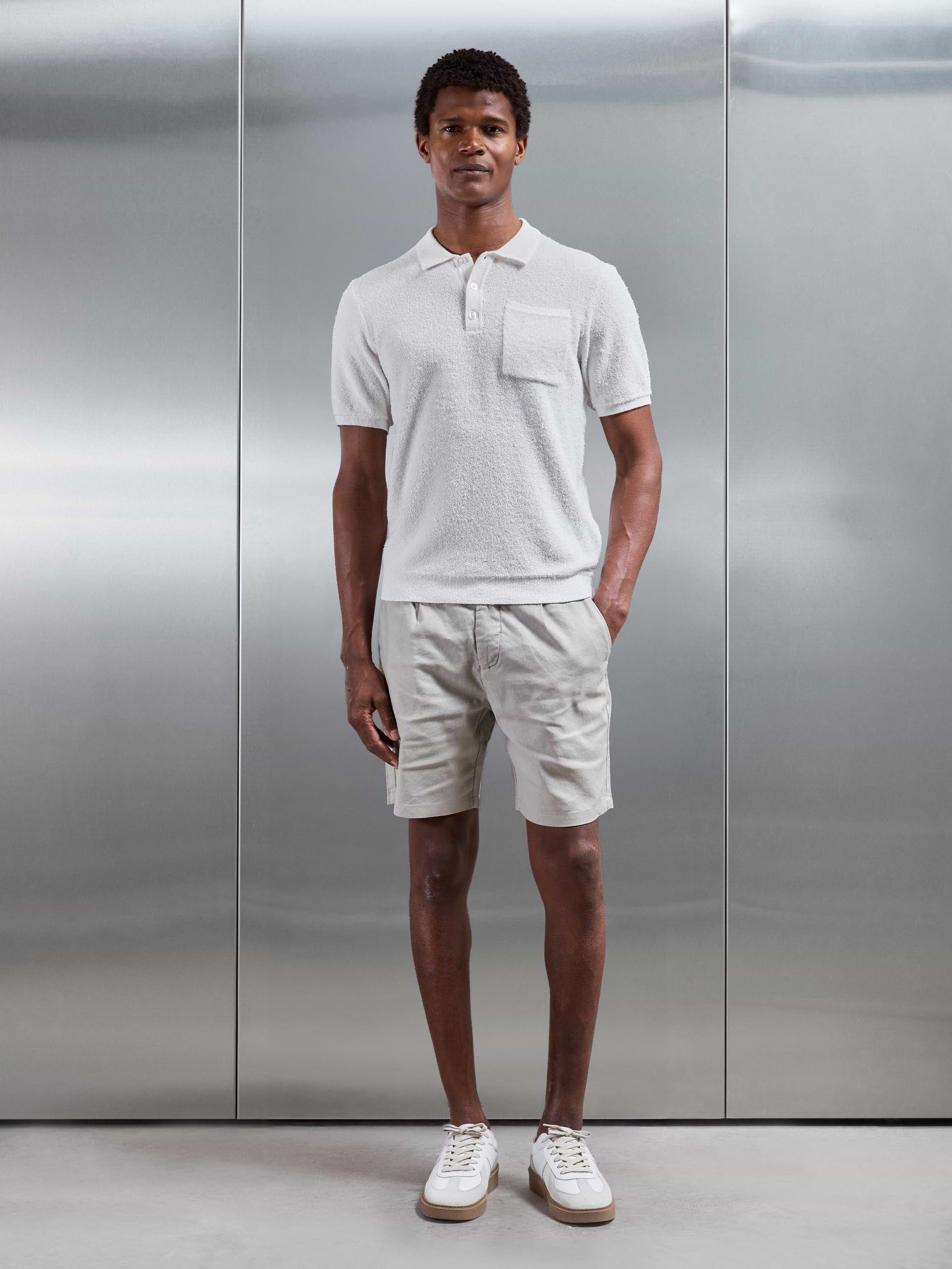 Boucle Knitted Button Polo Shirt in White