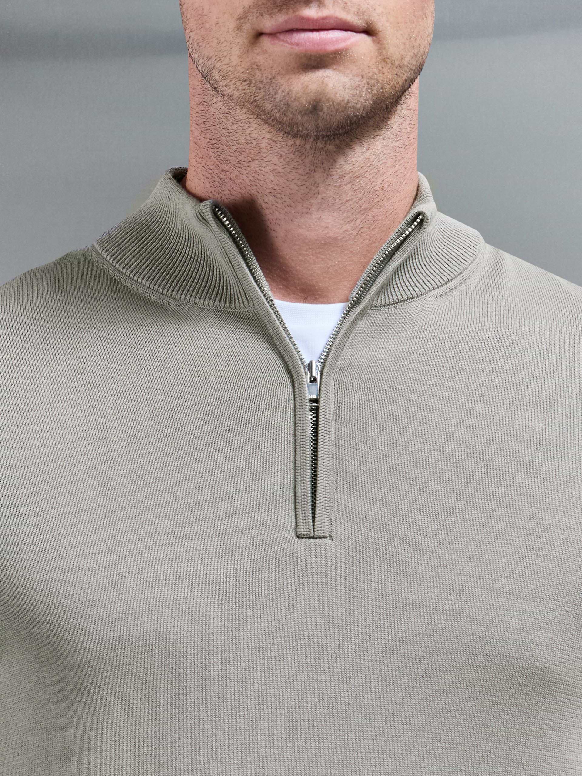 Cotton Knitted Half Zip Funnel Neck Jumper in Light Sage