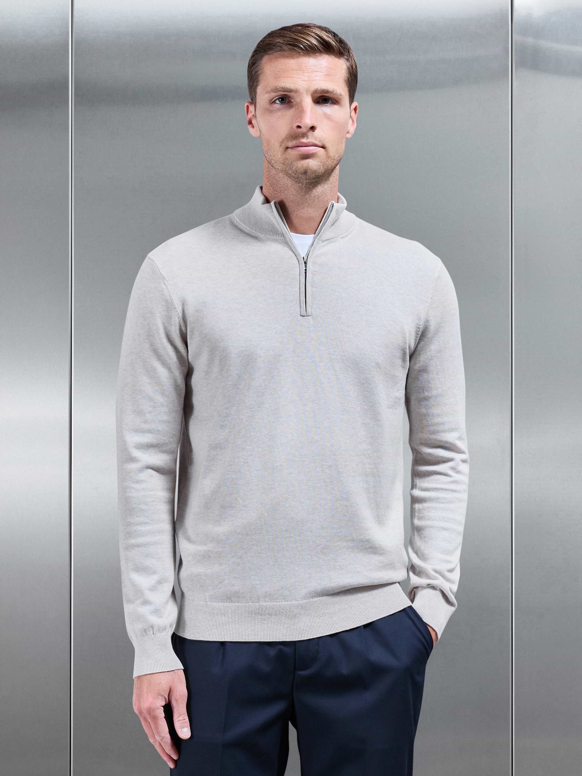 Cotton Knitted Half Zip Funnel Neck Jumper in Oatmeal