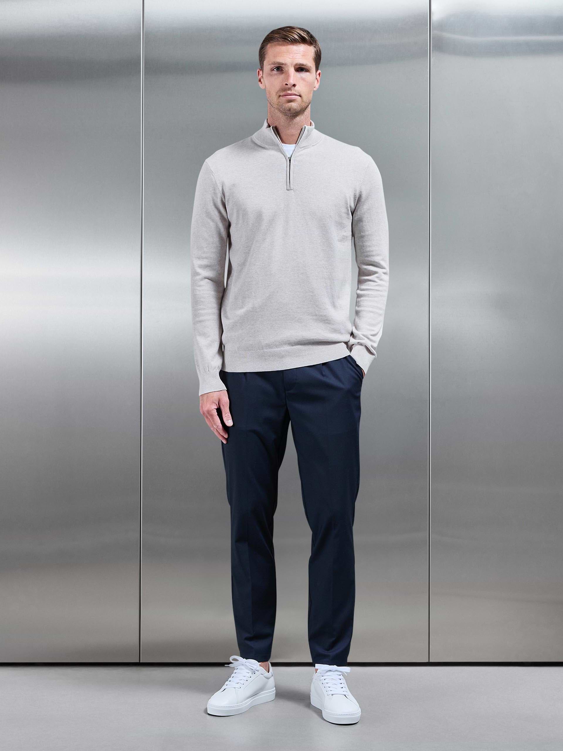Cotton Knitted Half Zip Funnel Neck Jumper in Oatmeal