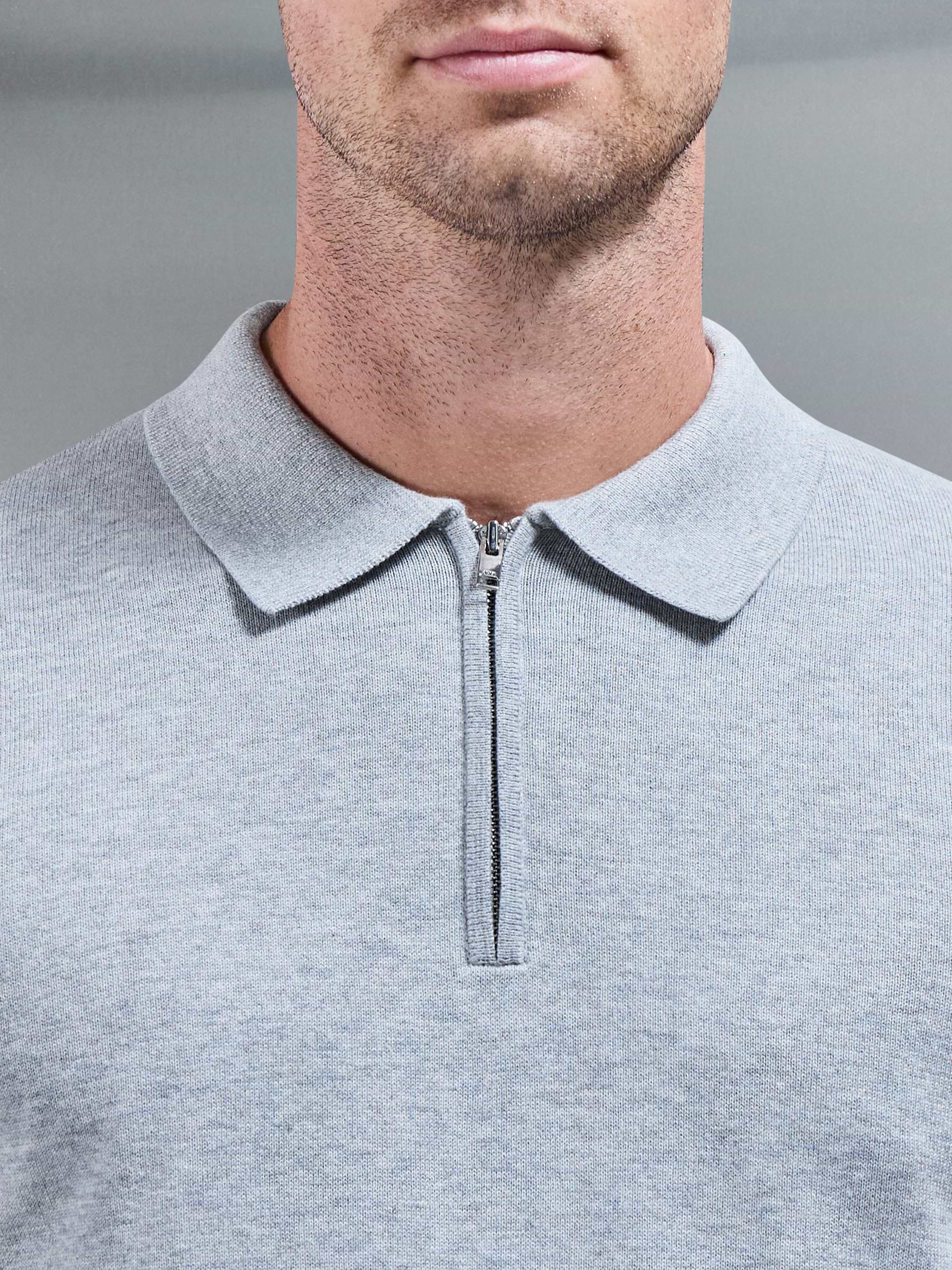 Cotton Knitted Long Sleeve Half Zip Polo Shirt in Marl Grey