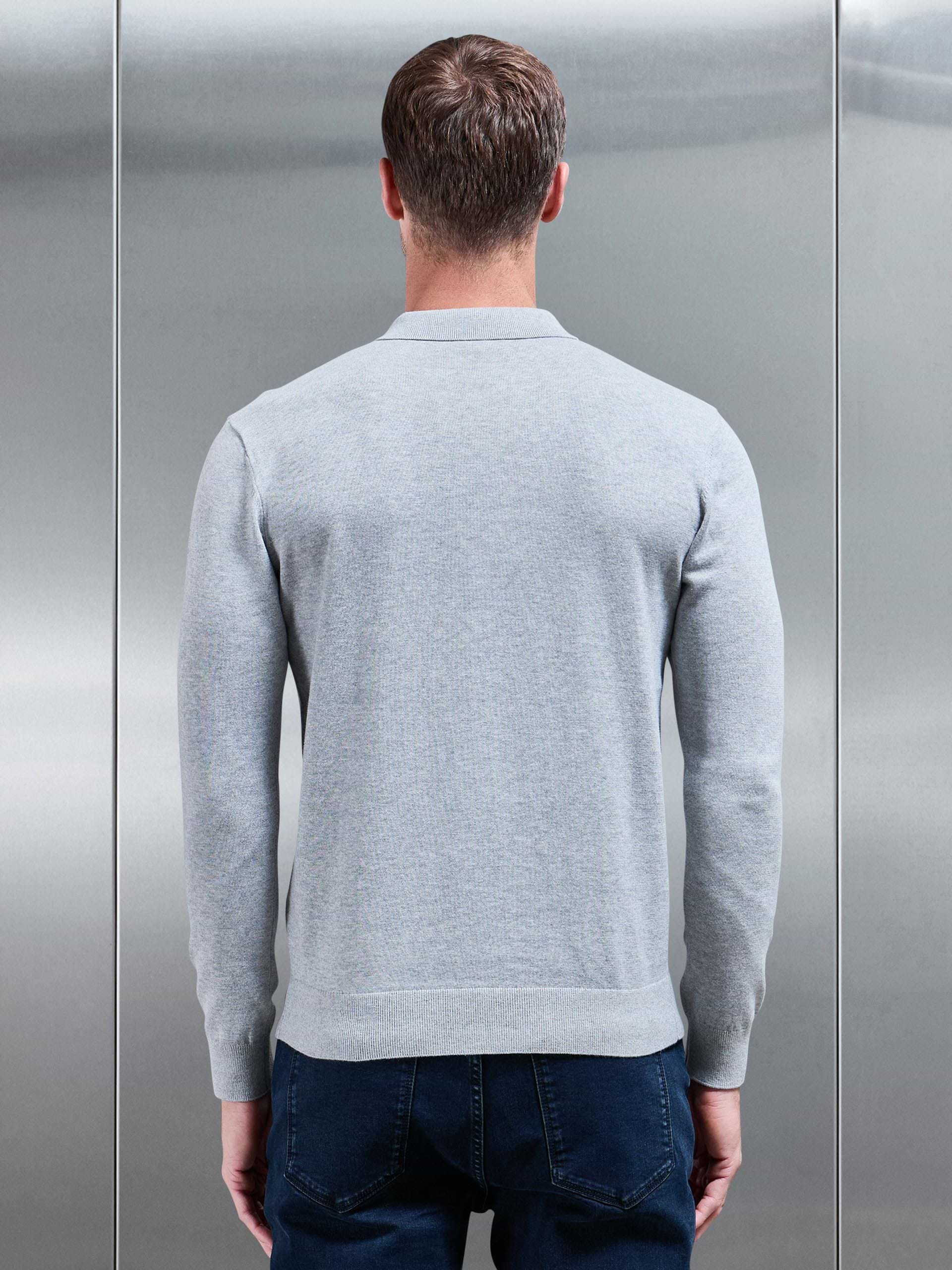 Cotton Knitted Long Sleeve Half Zip Polo Shirt in Marl Grey