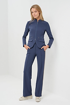 Studio Image of model wearing the Gisela Aeroflow Zip Front Twill Blazer