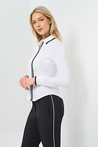 Side view White long-sleeve zip-front blouse featuring a contrasting black trim along the collar, zipper placket, and cuffs.