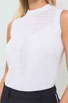 Detailed shot featuring delicate pointelle detailing across the upper chest and a vertical textured stripe down the center front.