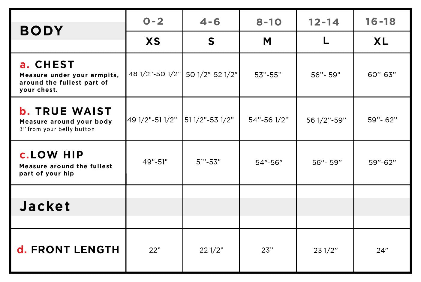 Nani Short Windbreaker Jacket Size Chart