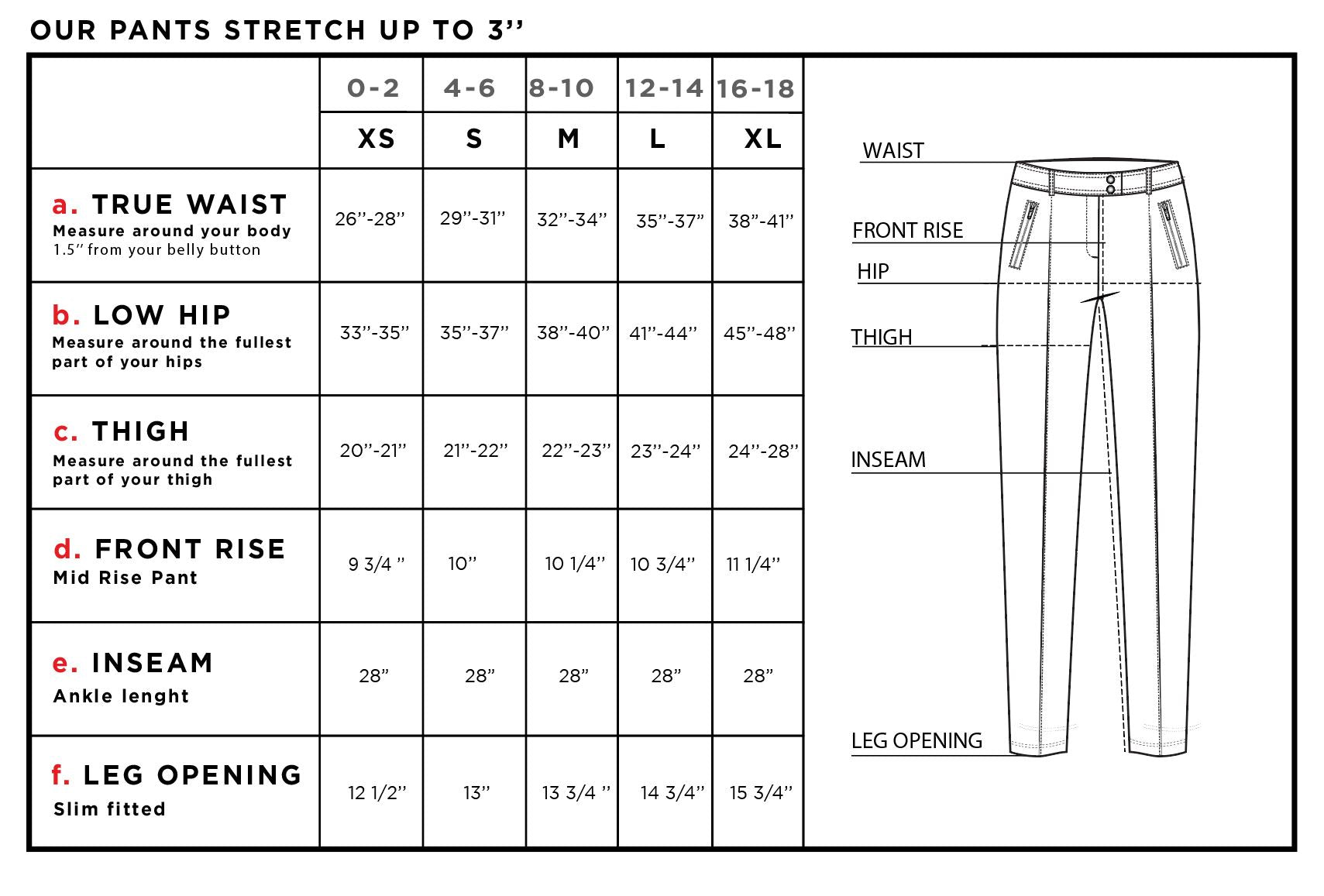 Peggy Petite Pant in Color Pop Pink Size Chart
