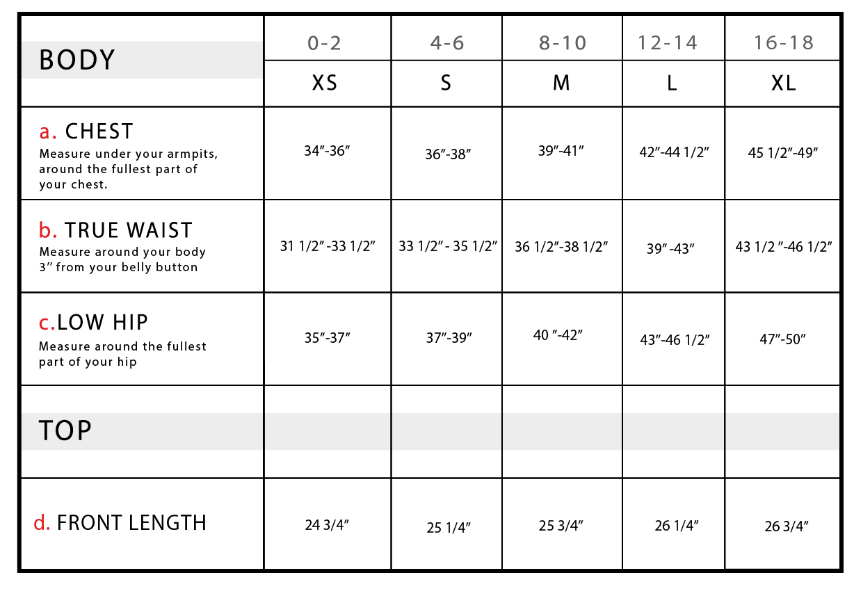 Printed Danica Size Chart