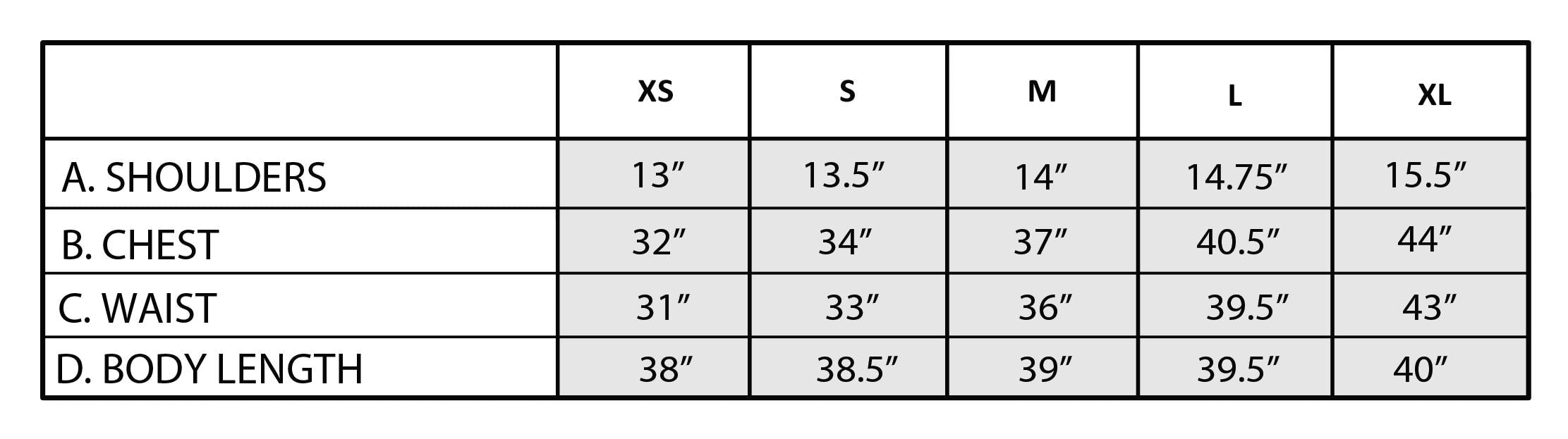 Tableau des tailles de la robe polo Sydney coupe décontractée