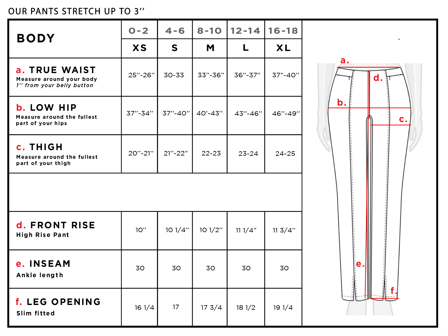 Vickie Straight Leg Ankle Slit Pant Size Chart