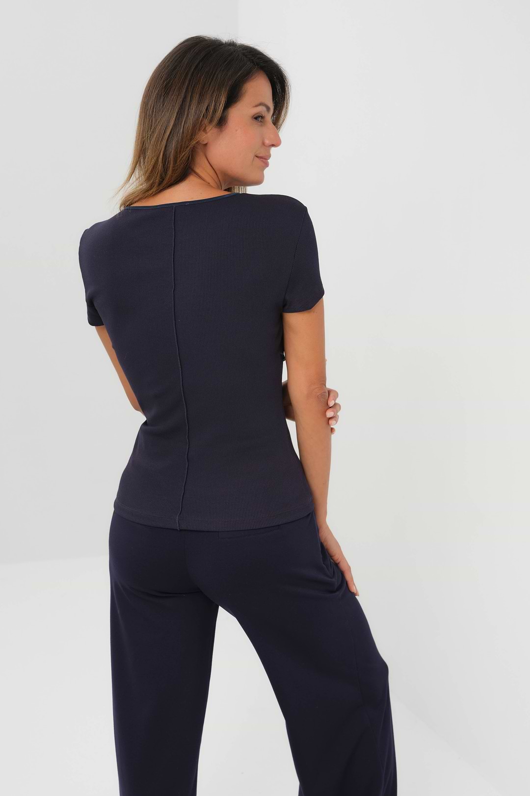 Short Sleeve Celeste Rib Top with Seam Shaping