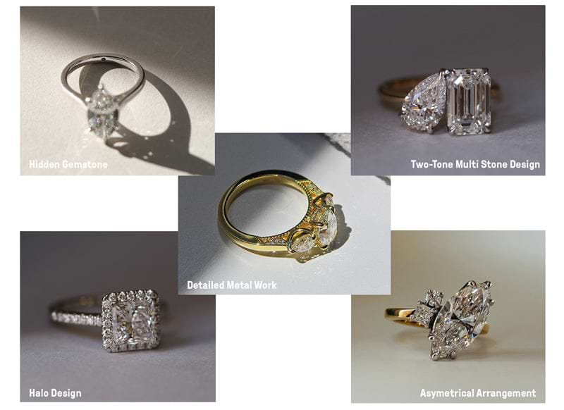 Diamond Ring With Hidden Gemstone, Toi et Moi Diamond Two-Tone Ring, Gold Ring With Detailed Metal Work, Diamond Halo Ring, Asymmetrical Diamond Ring
