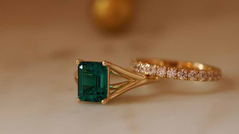 Green Lab Created Emerald Yellow Gold Ring with Diamond Wedding Band