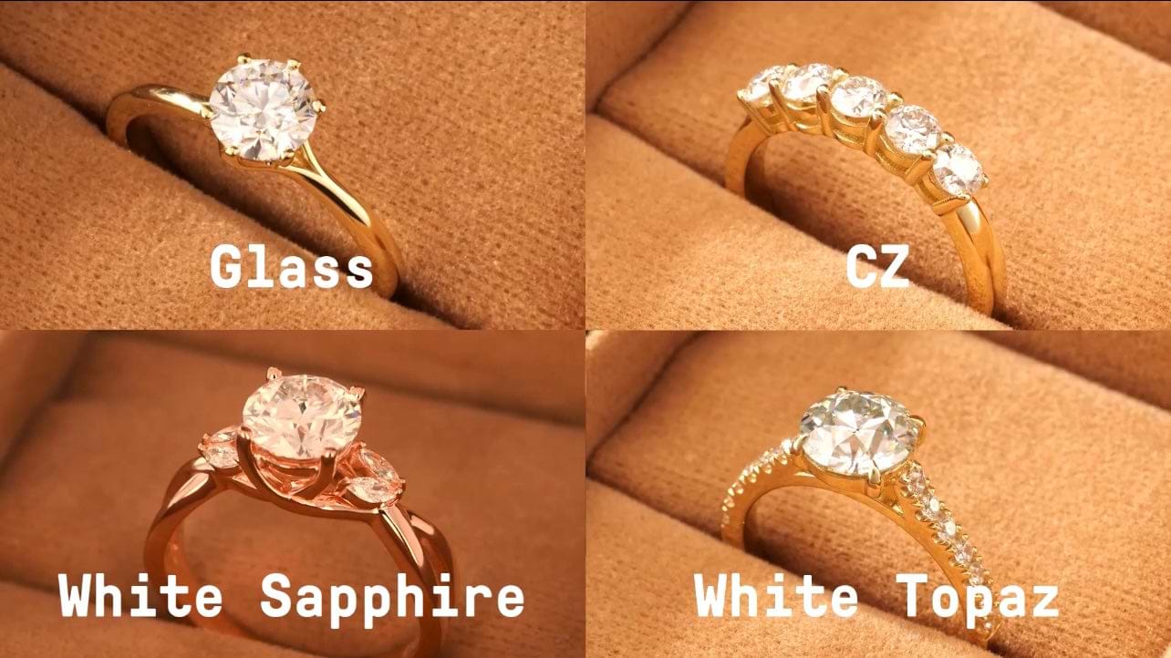 Glass, Cubic Zirconia, White Sapphire, and White Topaz Comparison