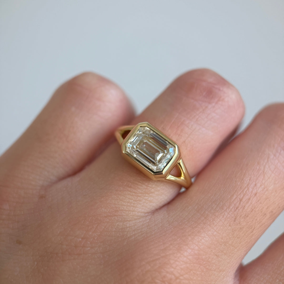 SOLD Emerald Cut 2.75ct East-West Split Shank Bezel Ring