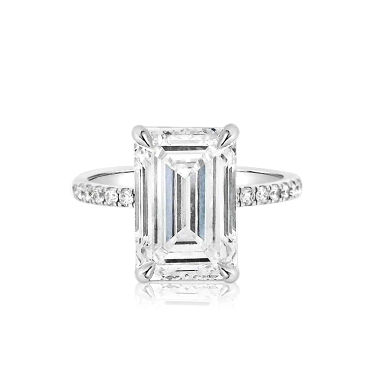 Emerald Cut 5.42ct Low Basket Hidden Halo Pave Ring